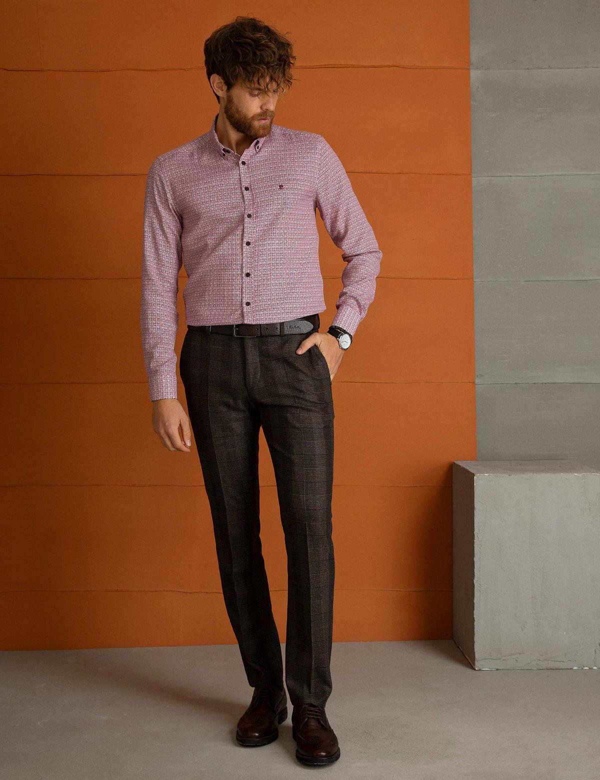 Kırmızı Slim Fit Uzun Kollu Gömlek