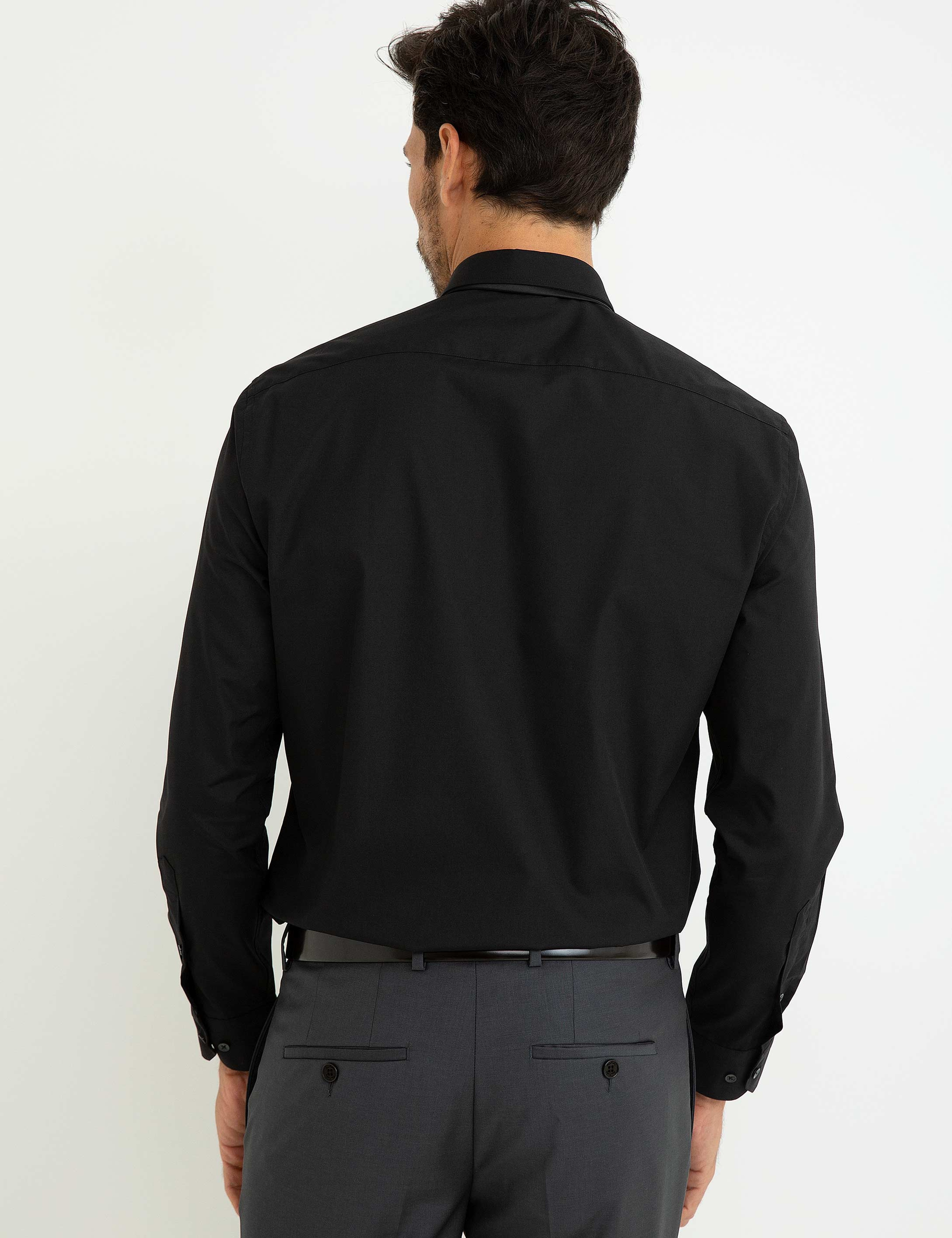 Siyah Regular Fit Uzun Kollu Basic Gömlek - Image 3