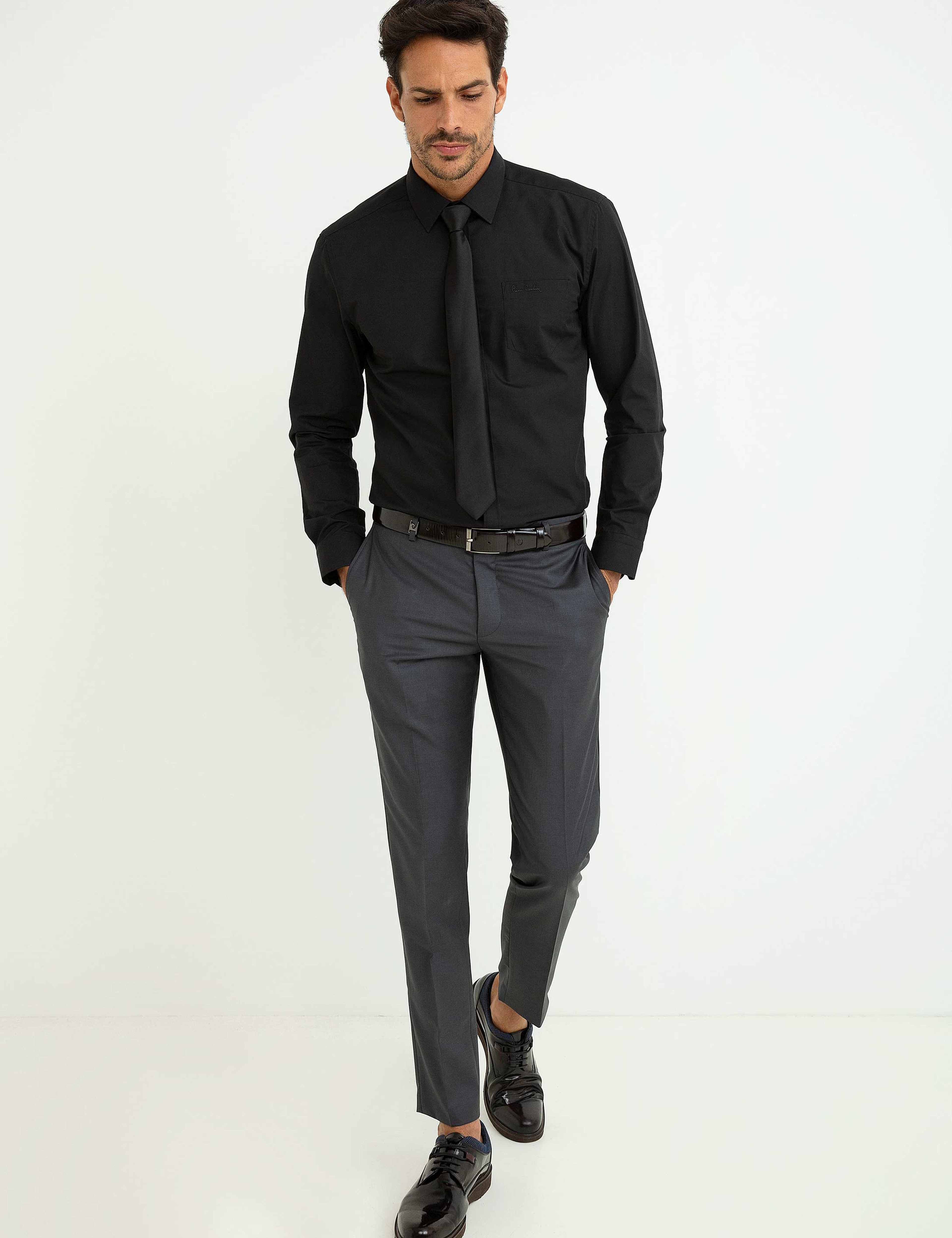 Siyah Regular Fit Uzun Kollu Basic Gömlek - Image 2