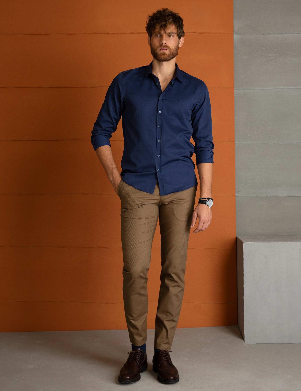 Lacivert Slim Fit Uzun Kollu Basic Gömlek