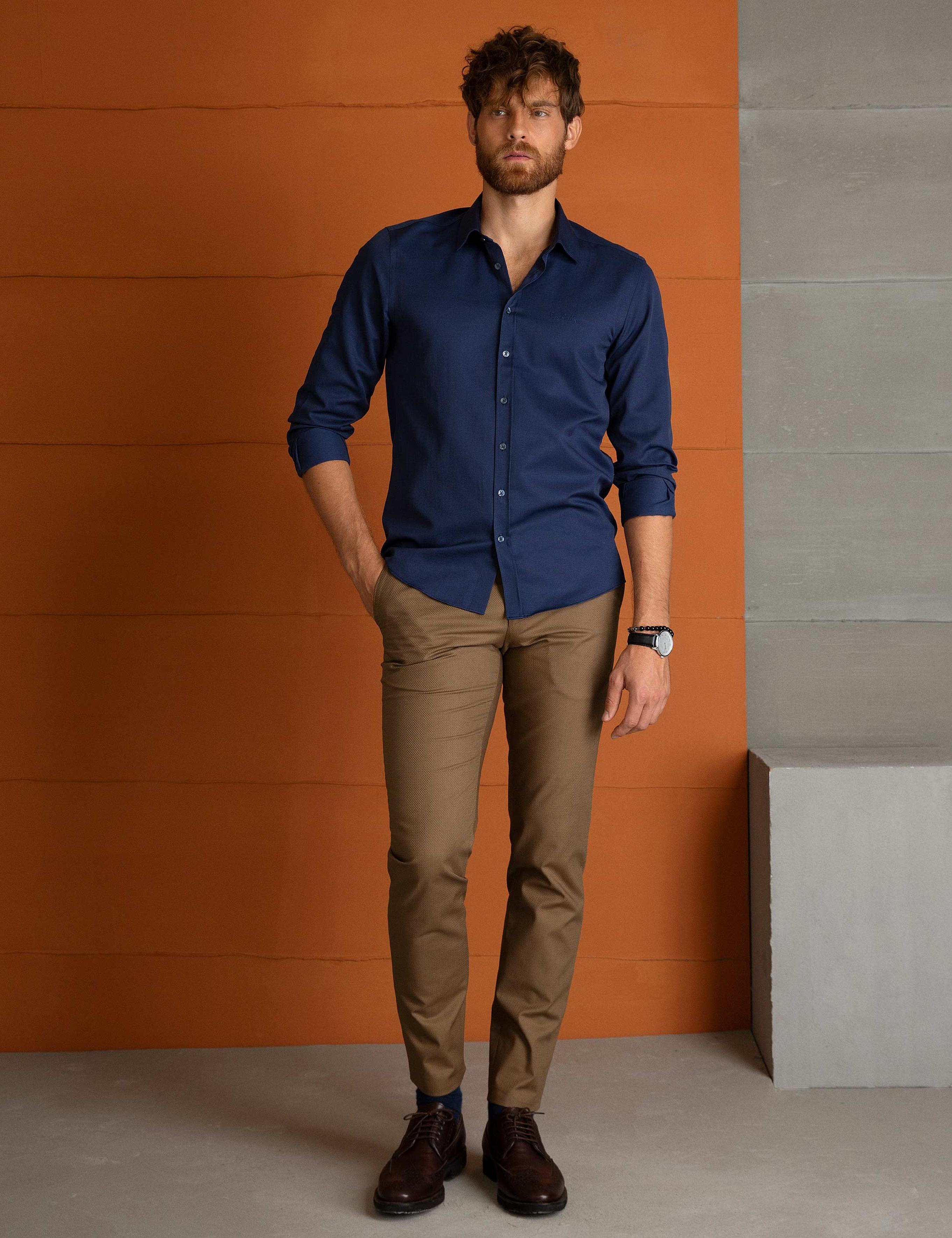 Lacivert Slim Fit Uzun Kollu Basic Gömlek