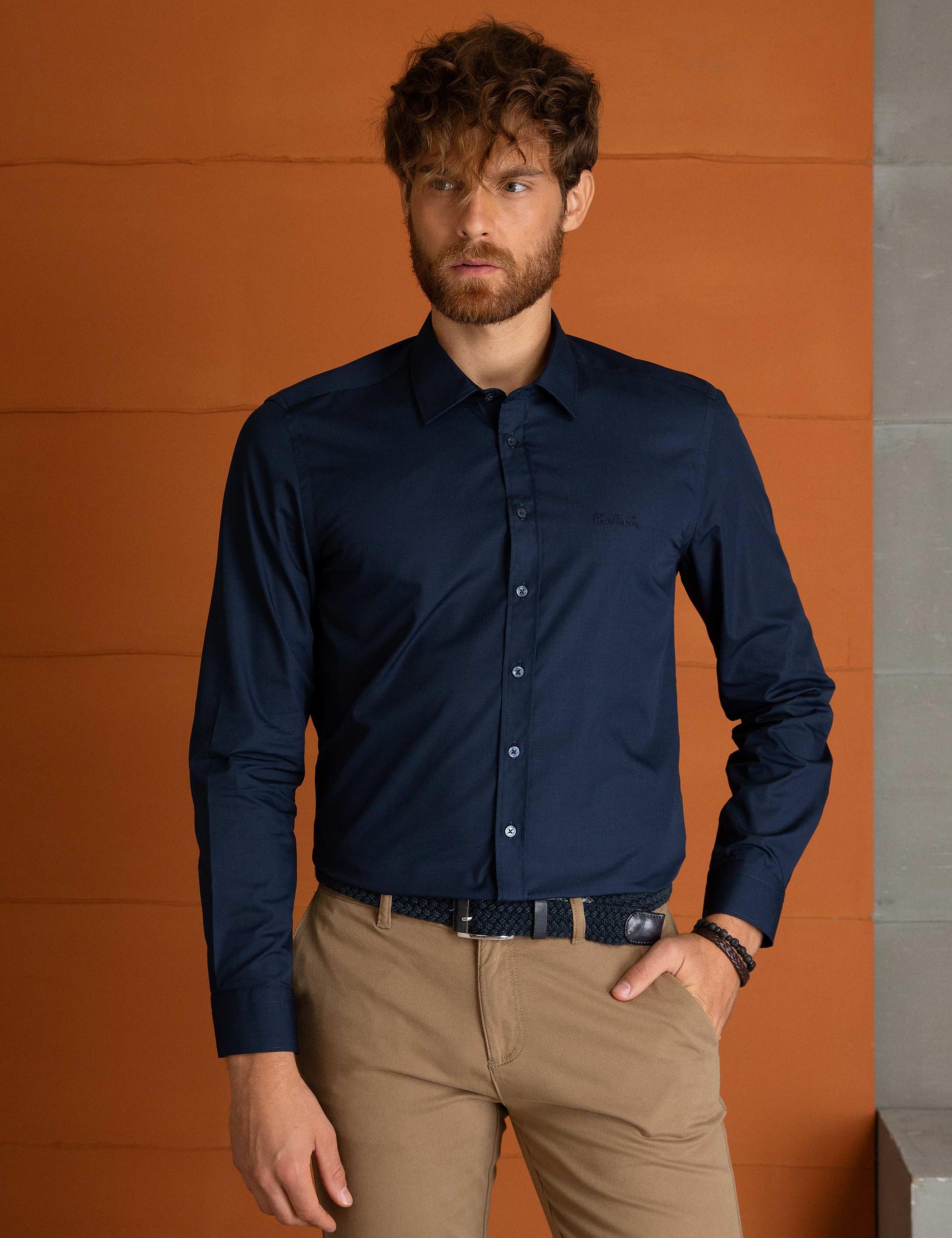 Lacivert Slim Fit Uzun Kollu Basic Gömlek