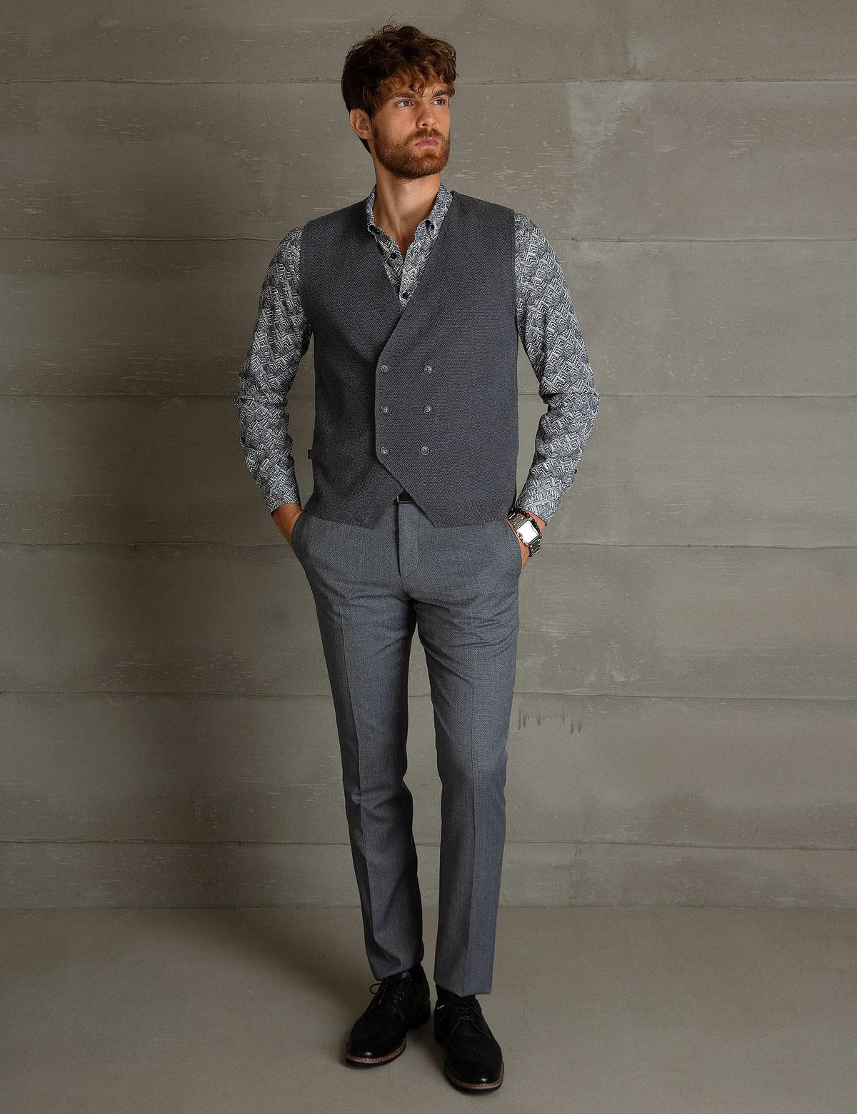 Gri Melanj Slim Fit Triko Yelek