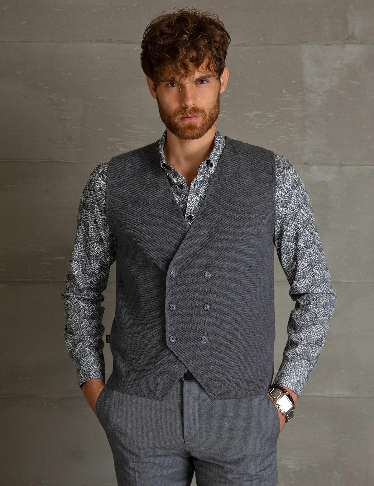 Gri Melanj Slim Fit Triko Yelek - 50197473031