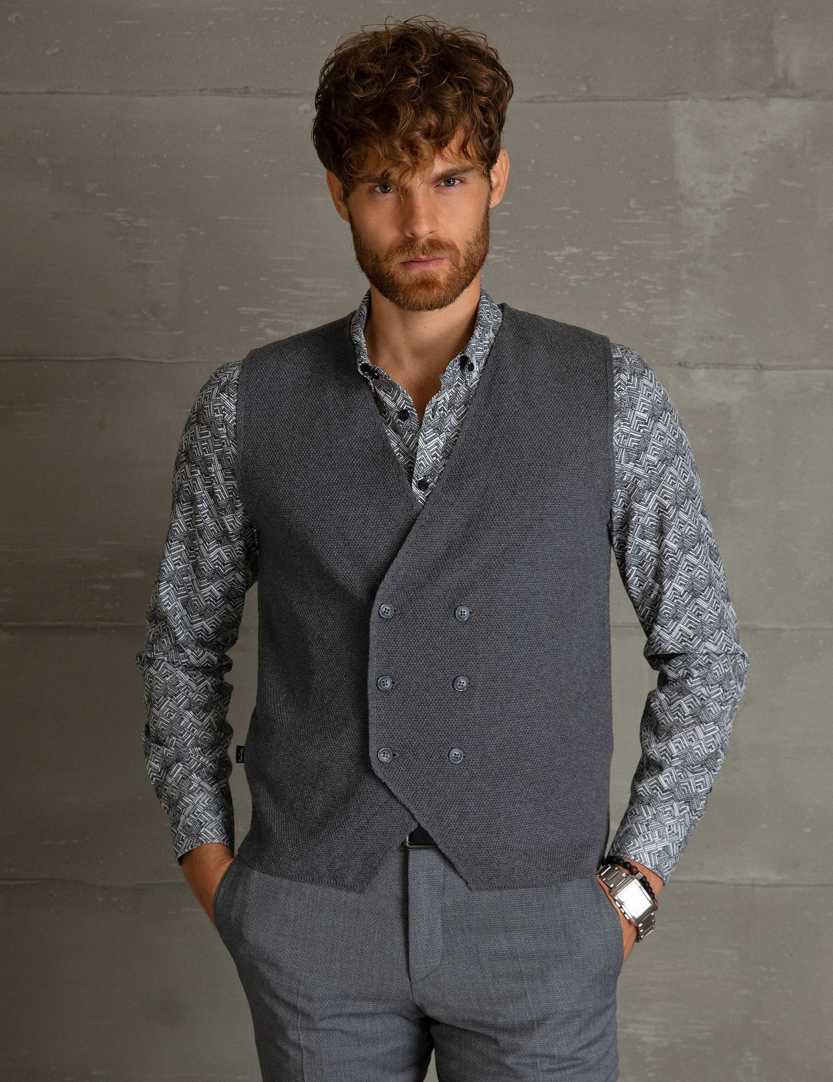 Gri Melanj Slim Fit Triko Yelek