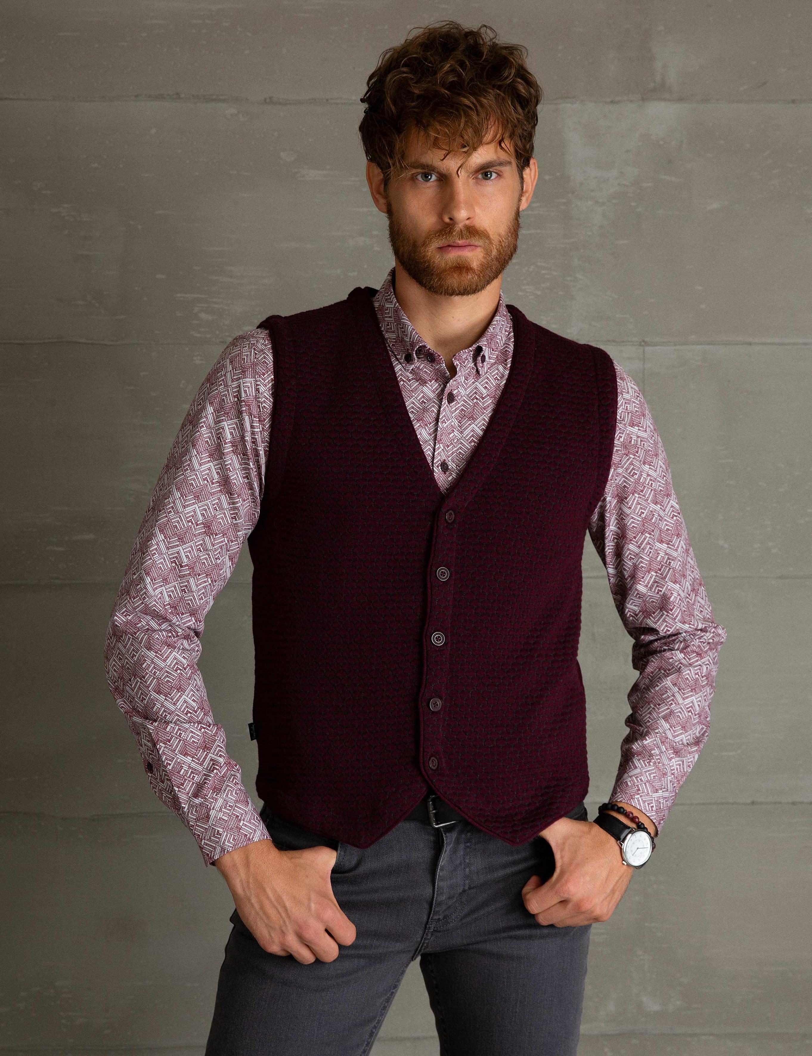Bordo Slim Fit Triko Yelek