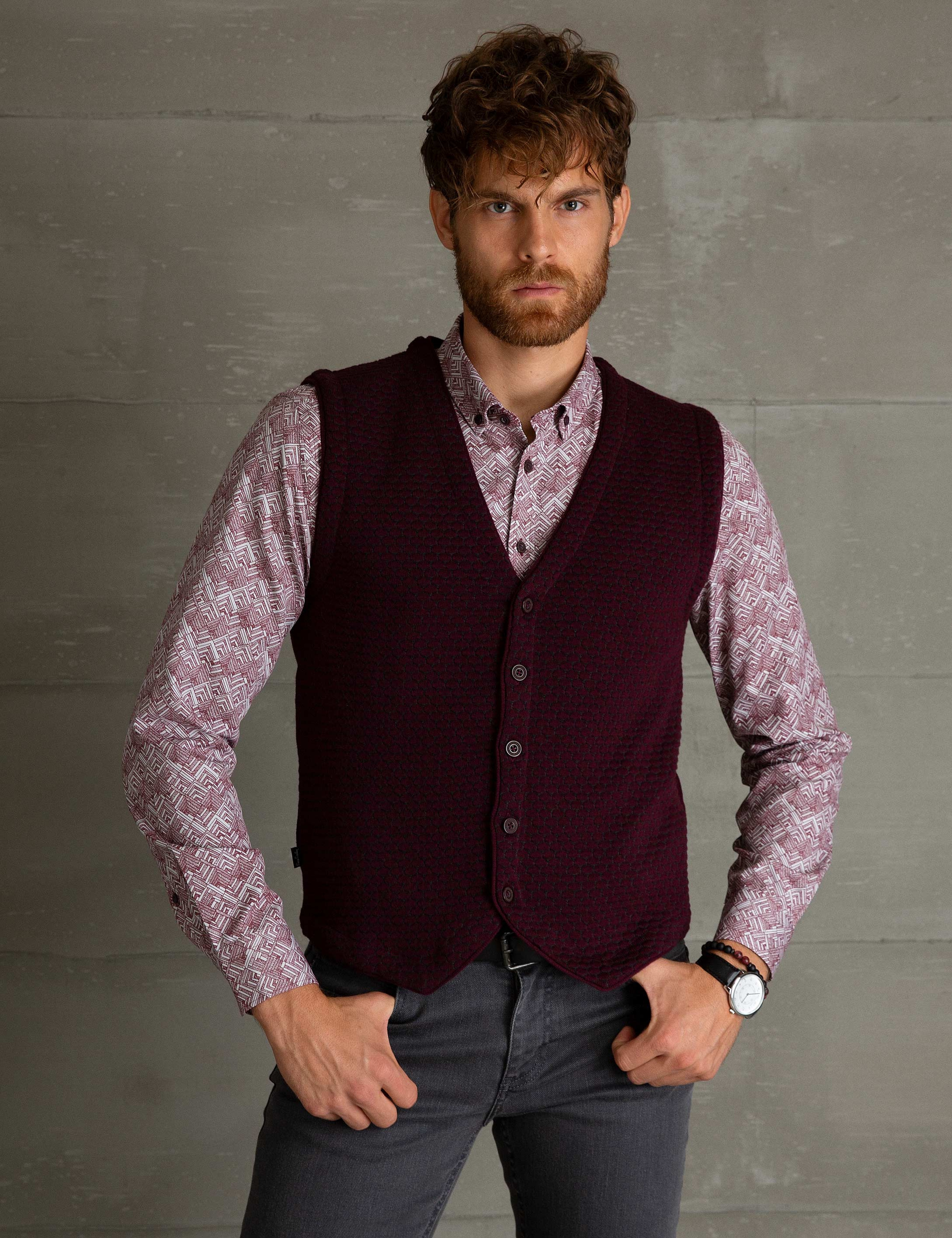 Bordo Slim Fit Triko Yelek - Image 2