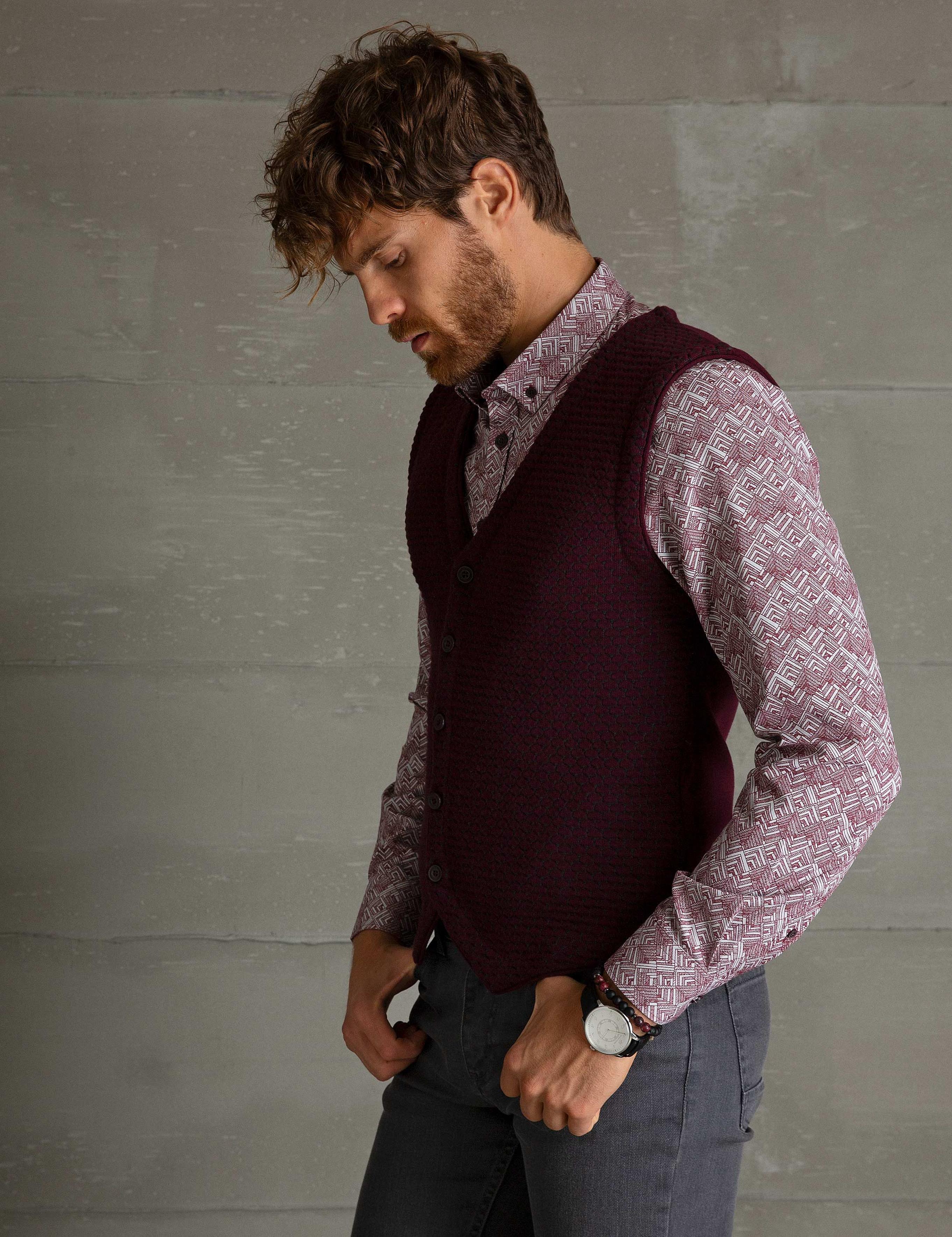 Bordo Slim Fit Triko Yelek