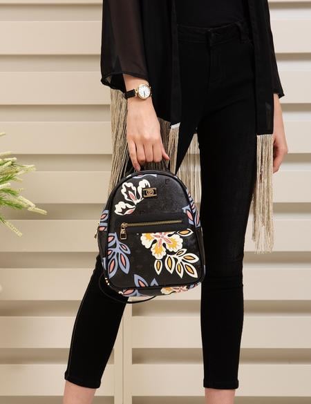 Çiçek Desenli Siyah Sırt Çantası - 50243826002