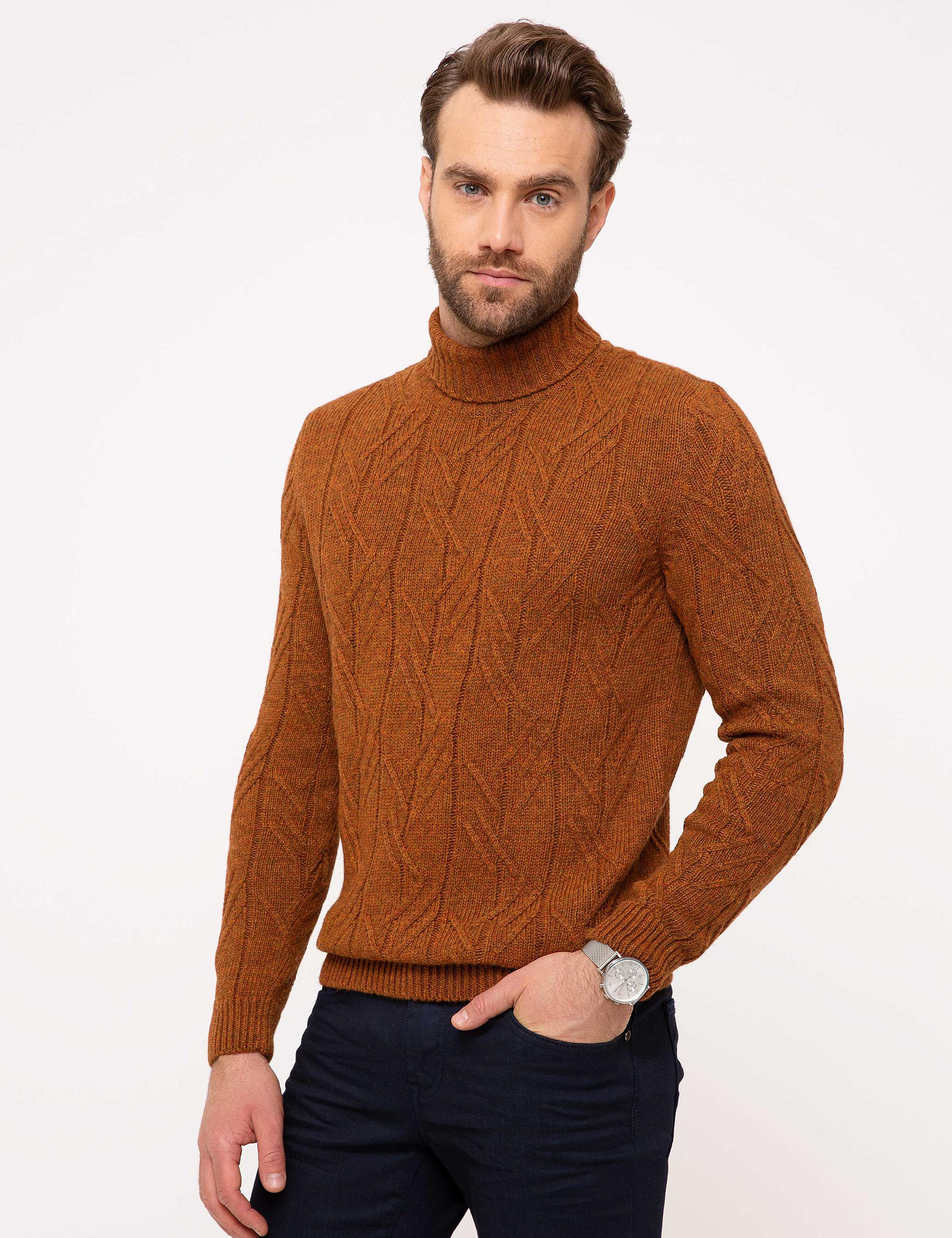 Kiremit Slim Fit Tam Balıkçı Yaka Triko Kazak