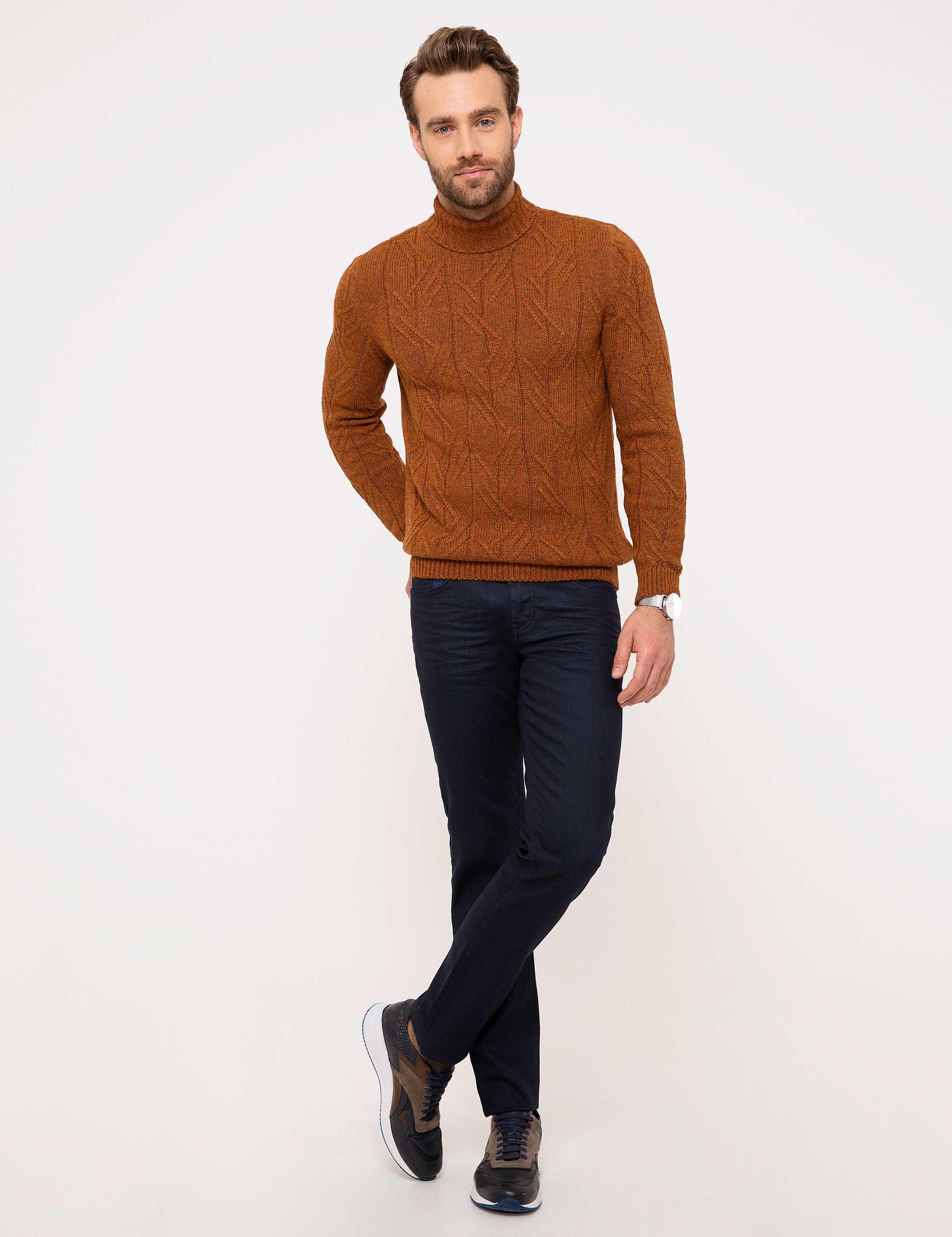 Kiremit Slim Fit Tam Balıkçı Yaka Triko Kazak