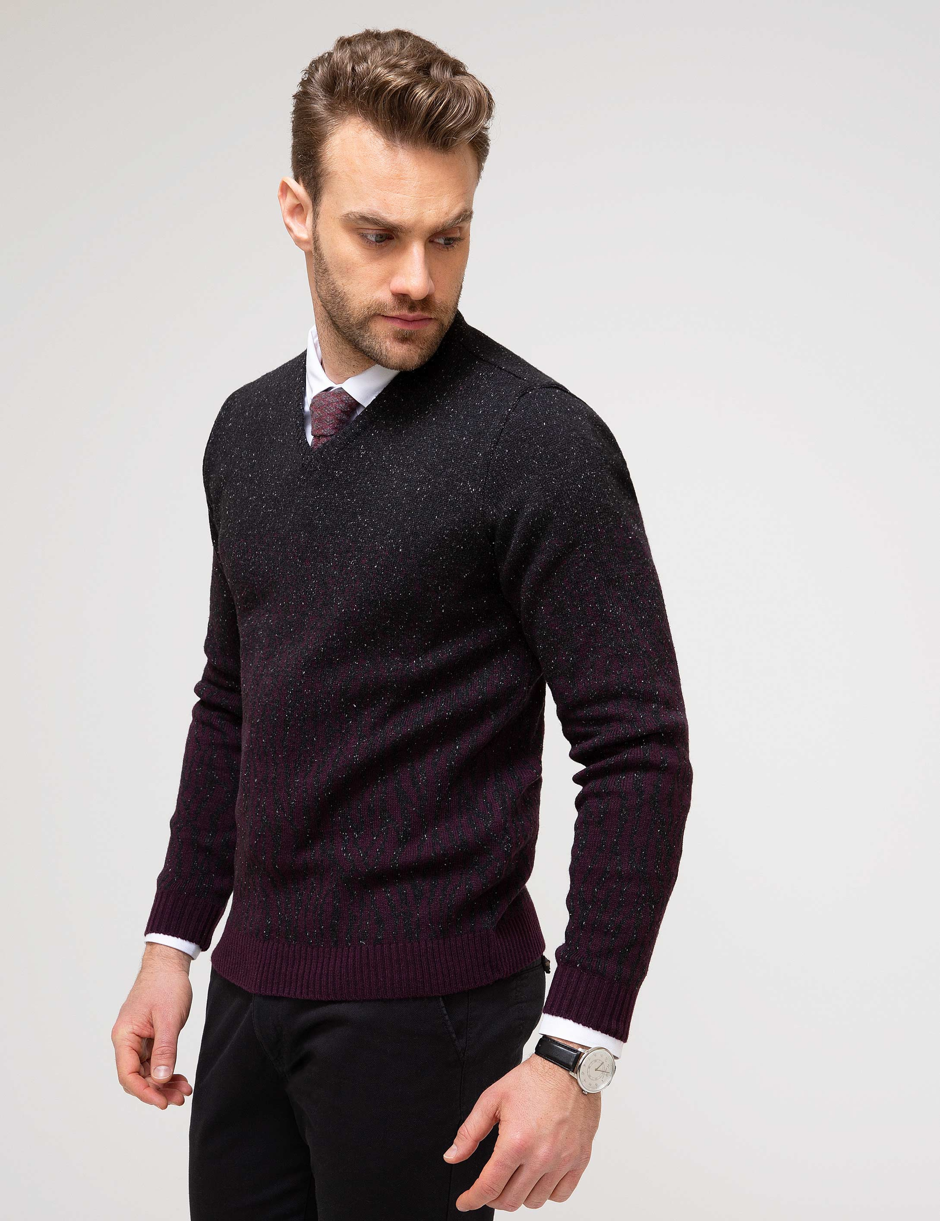 Bordo Slim Fit V Y Yaka Triko Kazak - Image 2