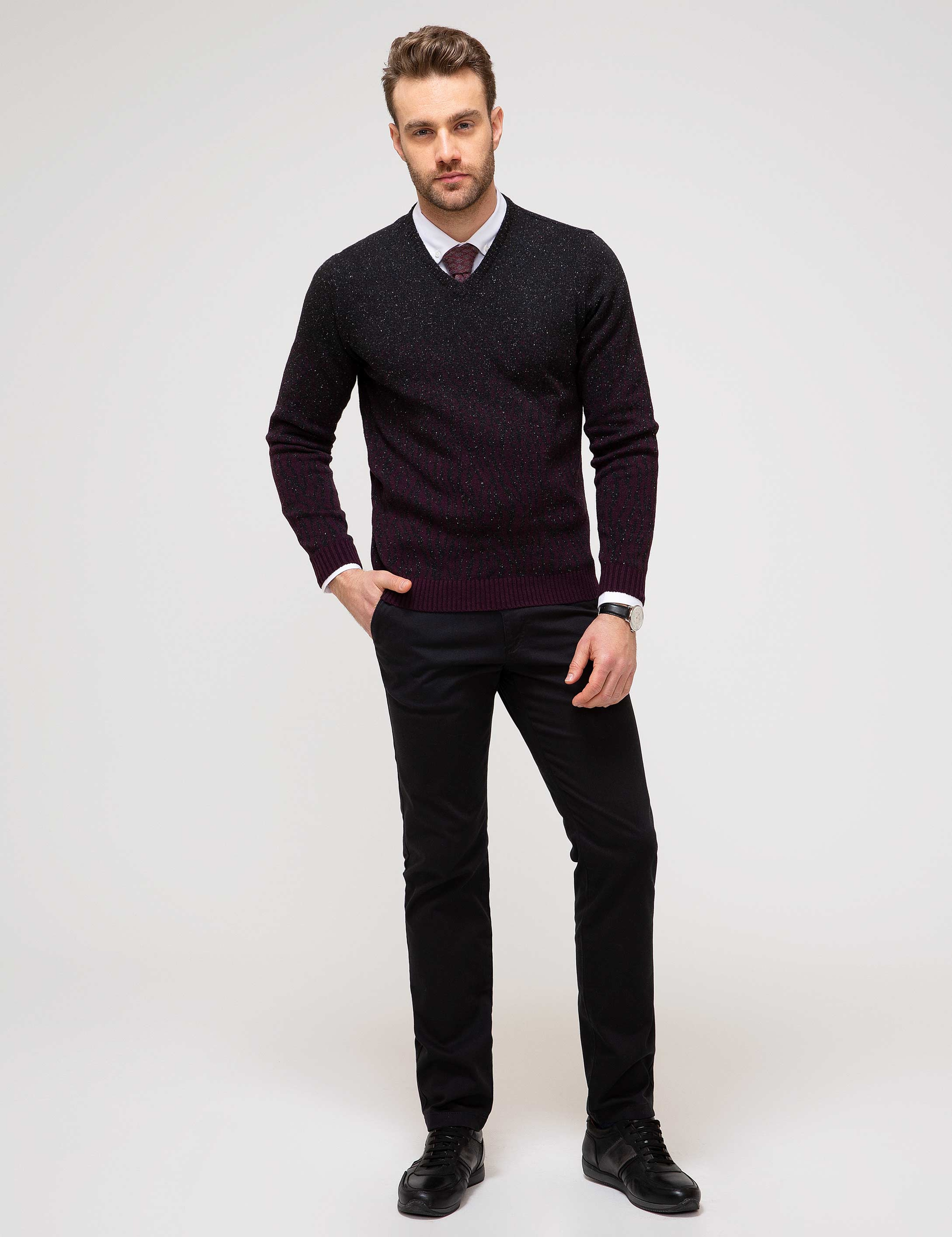 Bordo Slim Fit V Y Yaka Triko Kazak - Image 3