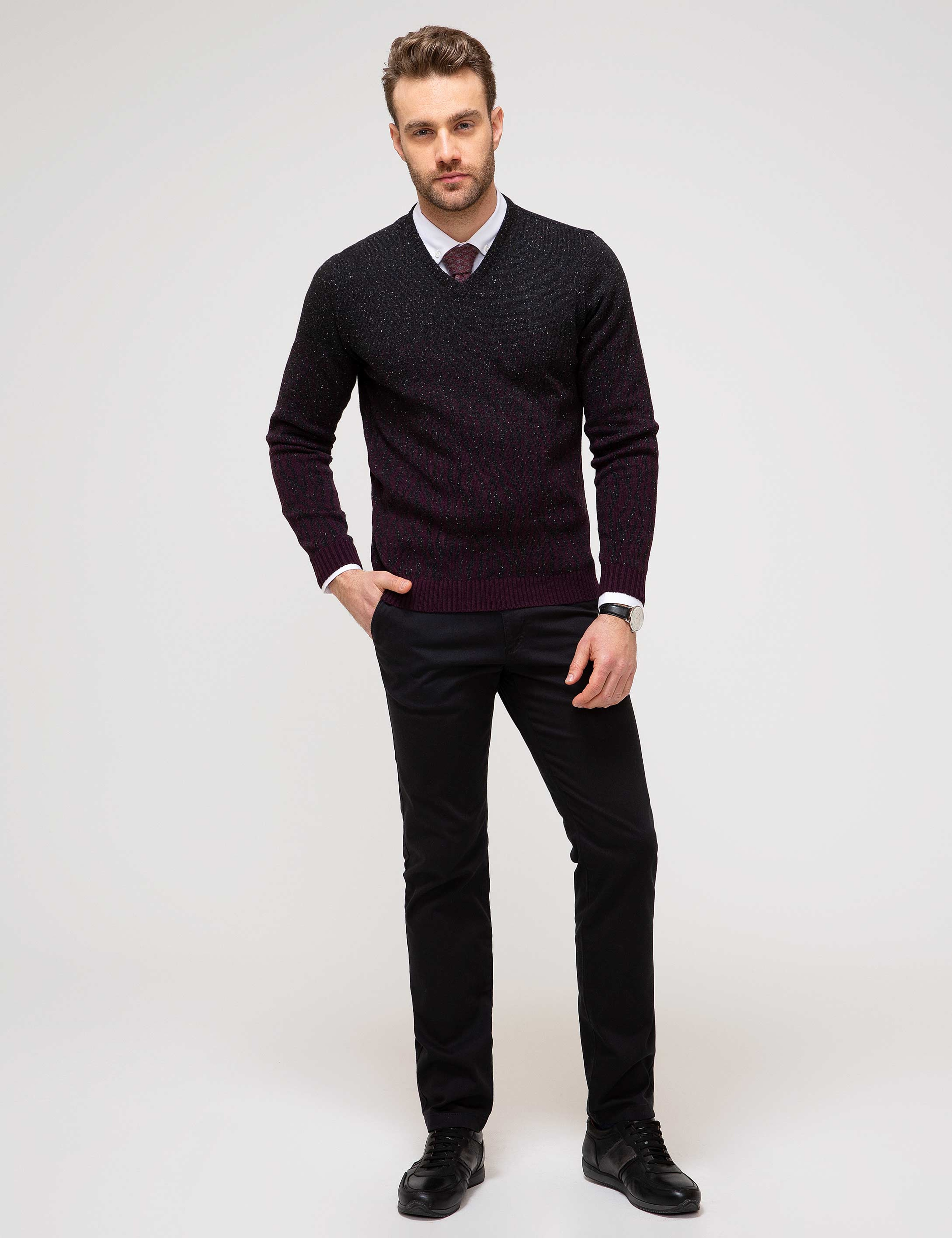Bordo Slim Fit V Y Yaka Triko Kazak