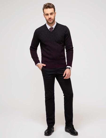 Bordo Slim Fit V Y Yaka Triko Kazak - 50193396034