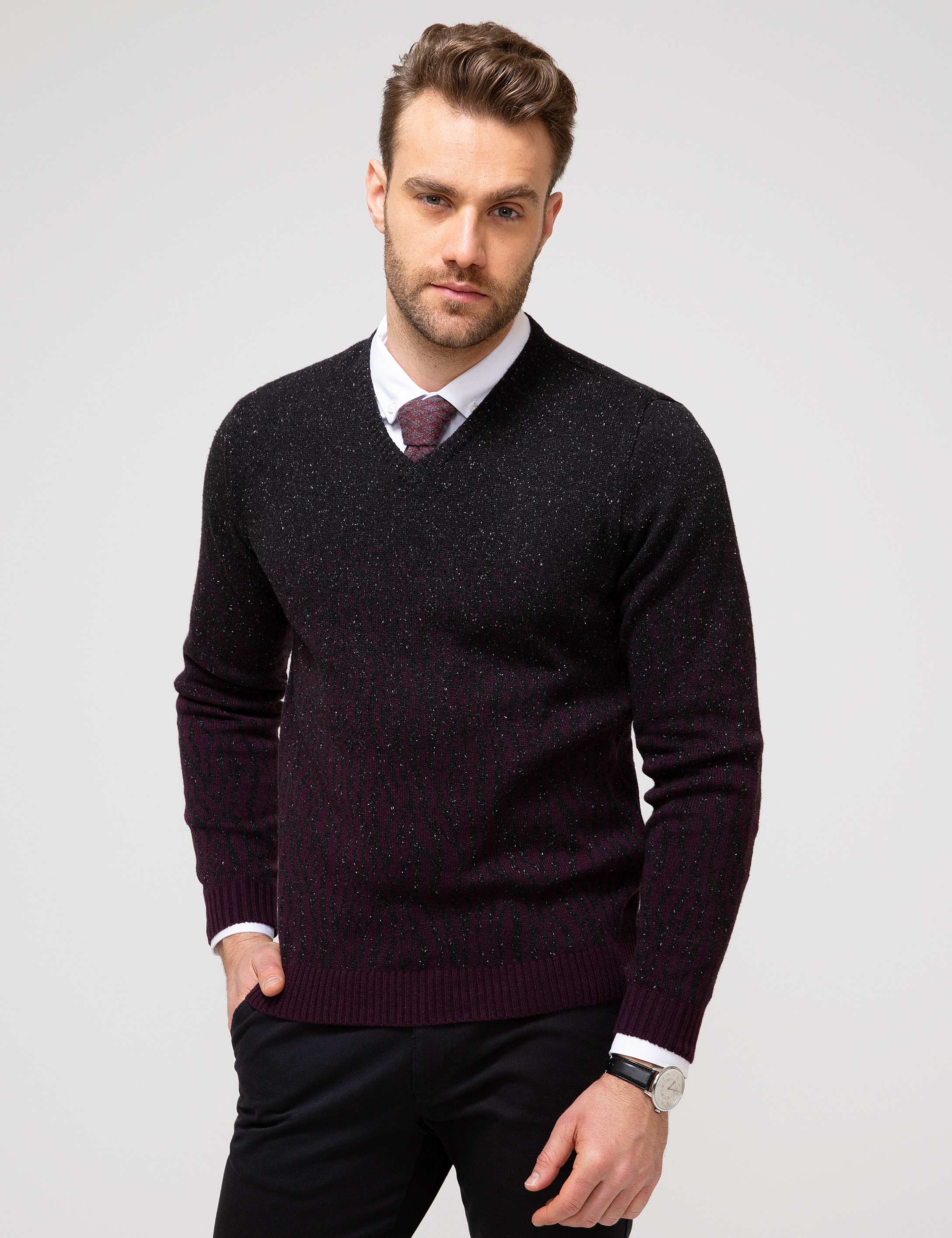 Bordo Slim Fit V Y Yaka Triko Kazak - Image 1