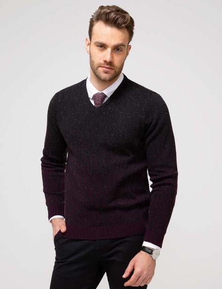 Bordo Slim Fit V Y Yaka Triko Kazak - 50193396034