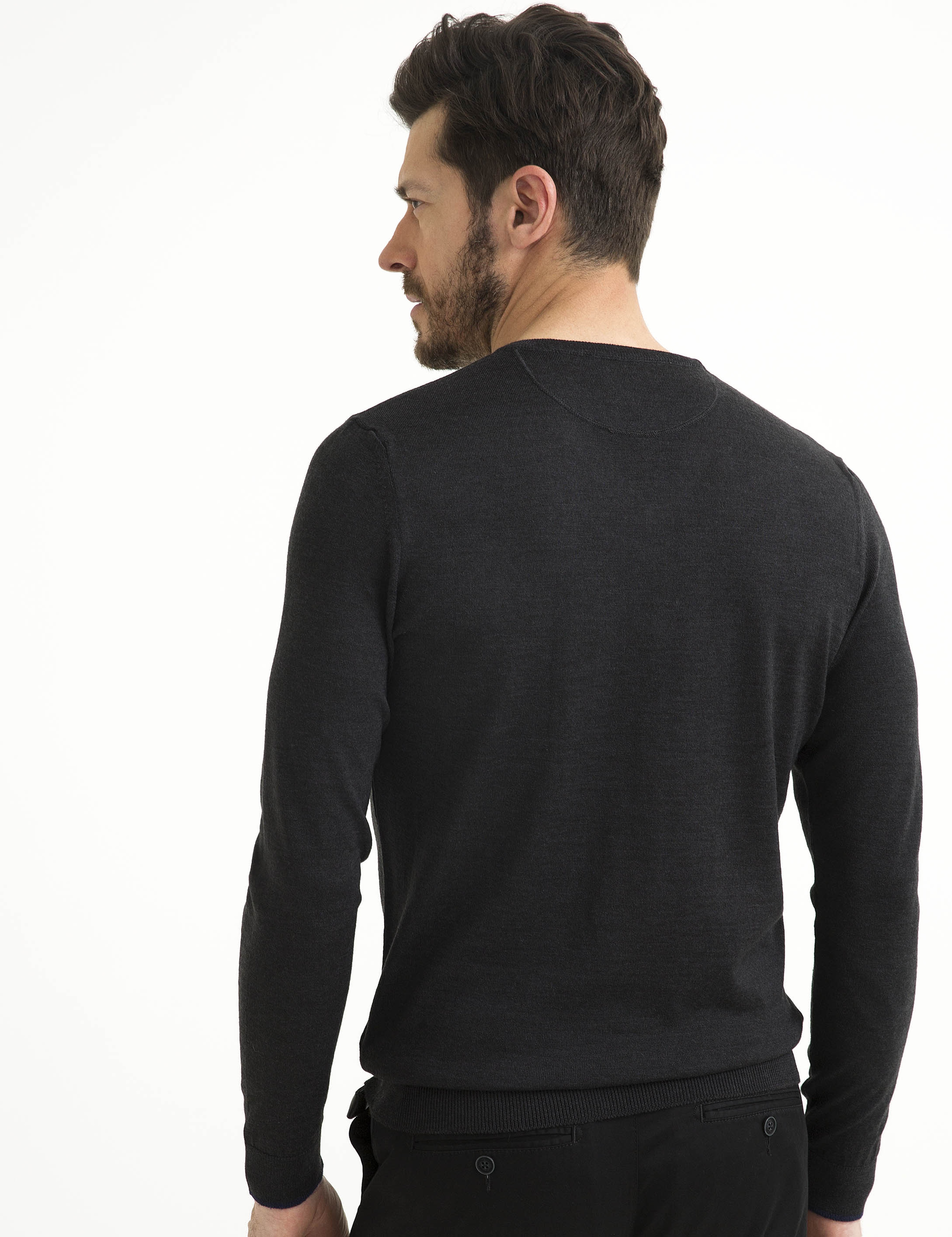 Gri Melanj Slim Fit V Yaka Basic Triko Kazak - Image 4