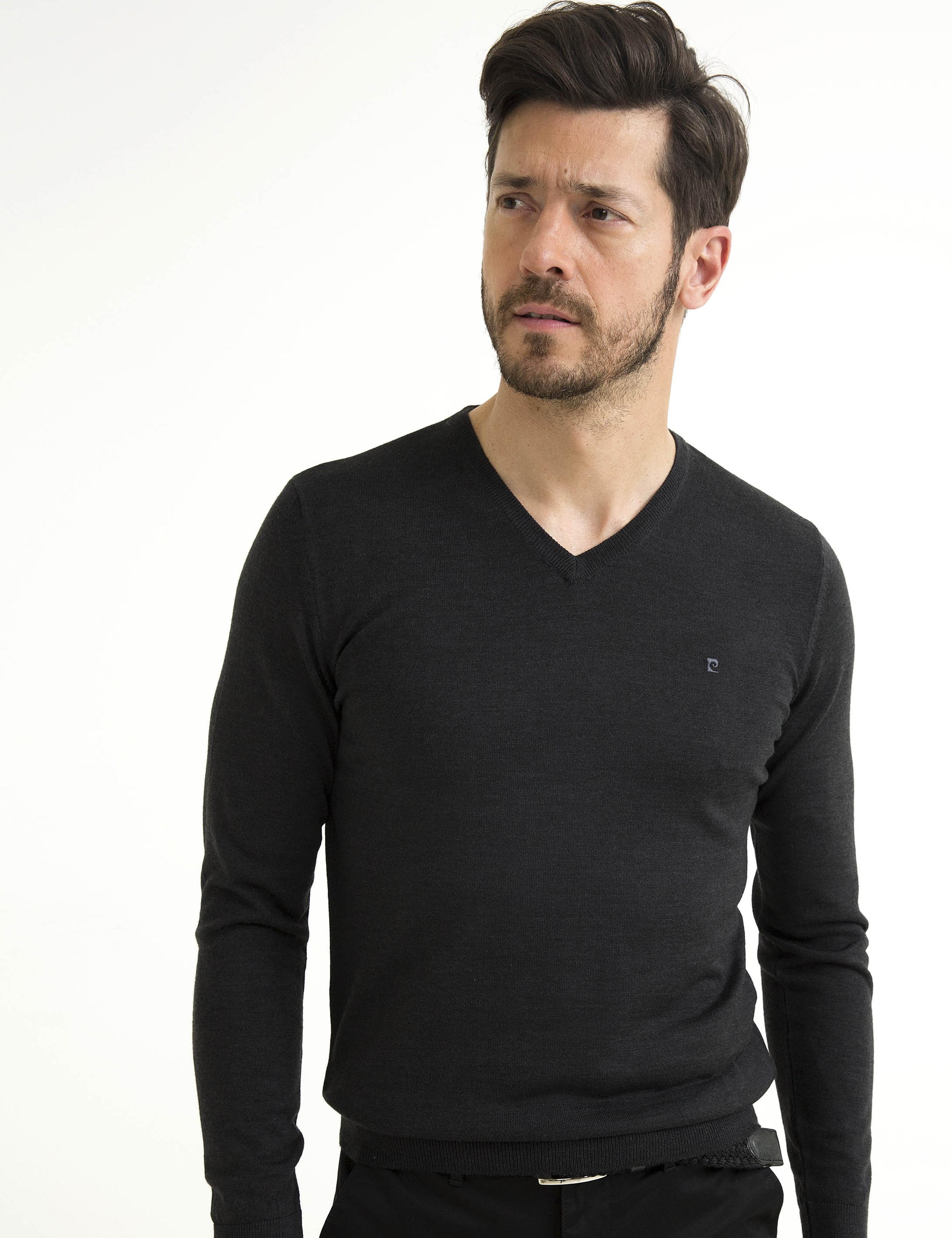 Gri Melanj Slim Fit V Yaka Basic Triko Kazak