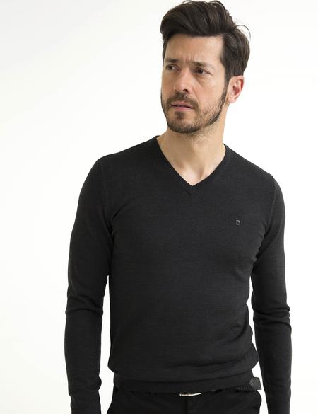 Gri Melanj Slim Fit V Yaka Basic Triko Kazak - 50194205103