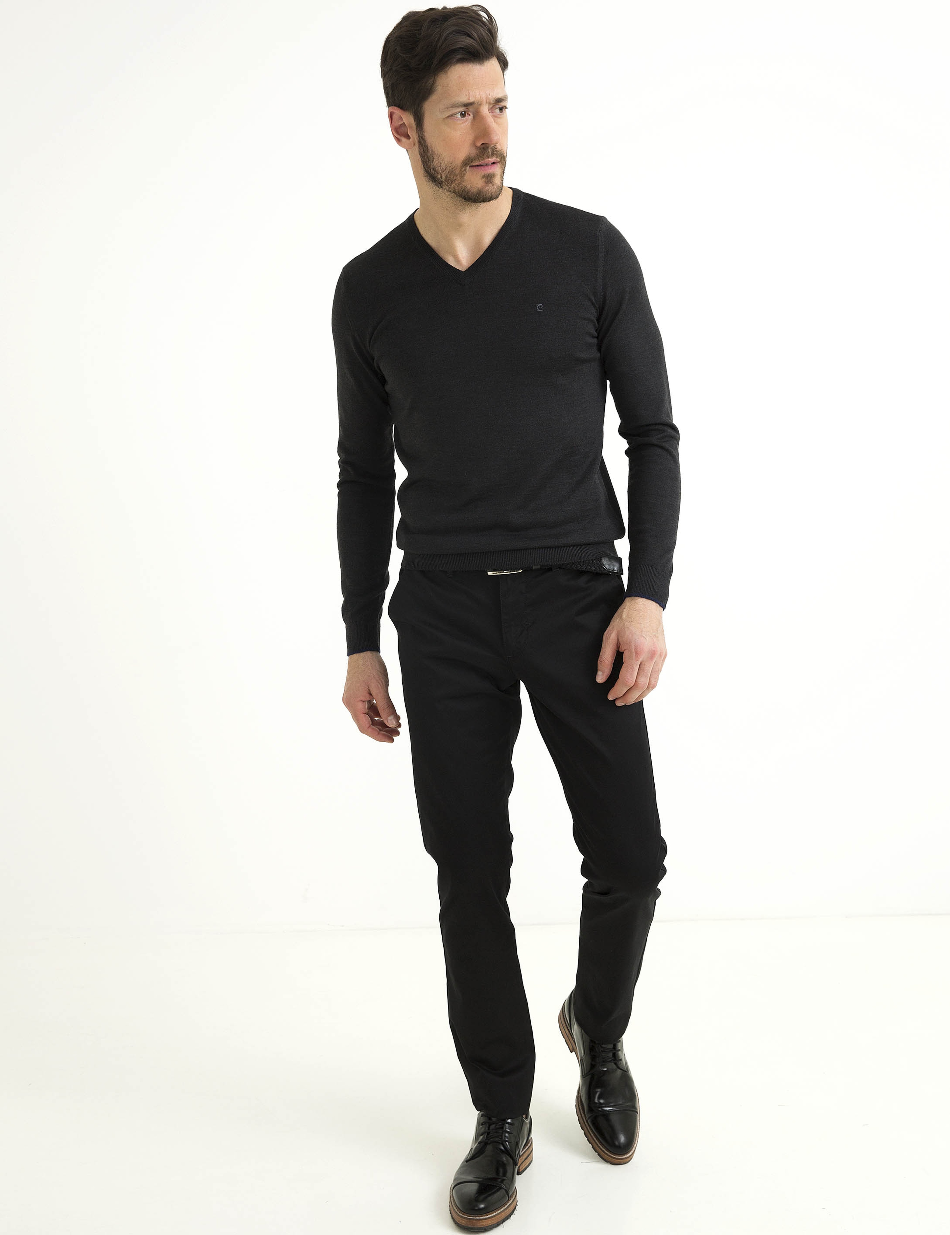 Gri Melanj Slim Fit V Yaka Basic Triko Kazak - Image 3
