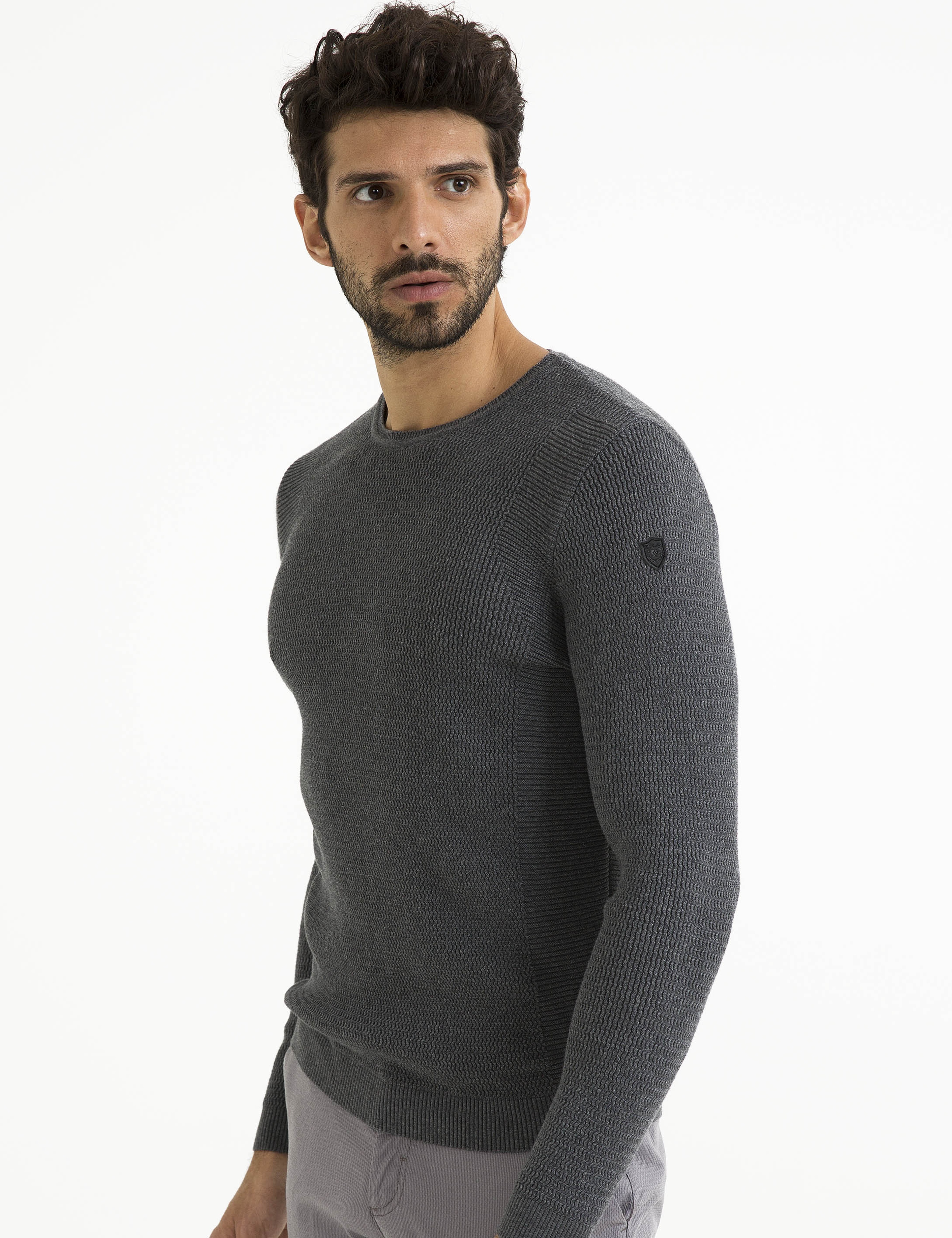 Gri Melanj Slim Fit Triko Kazak - Image 1