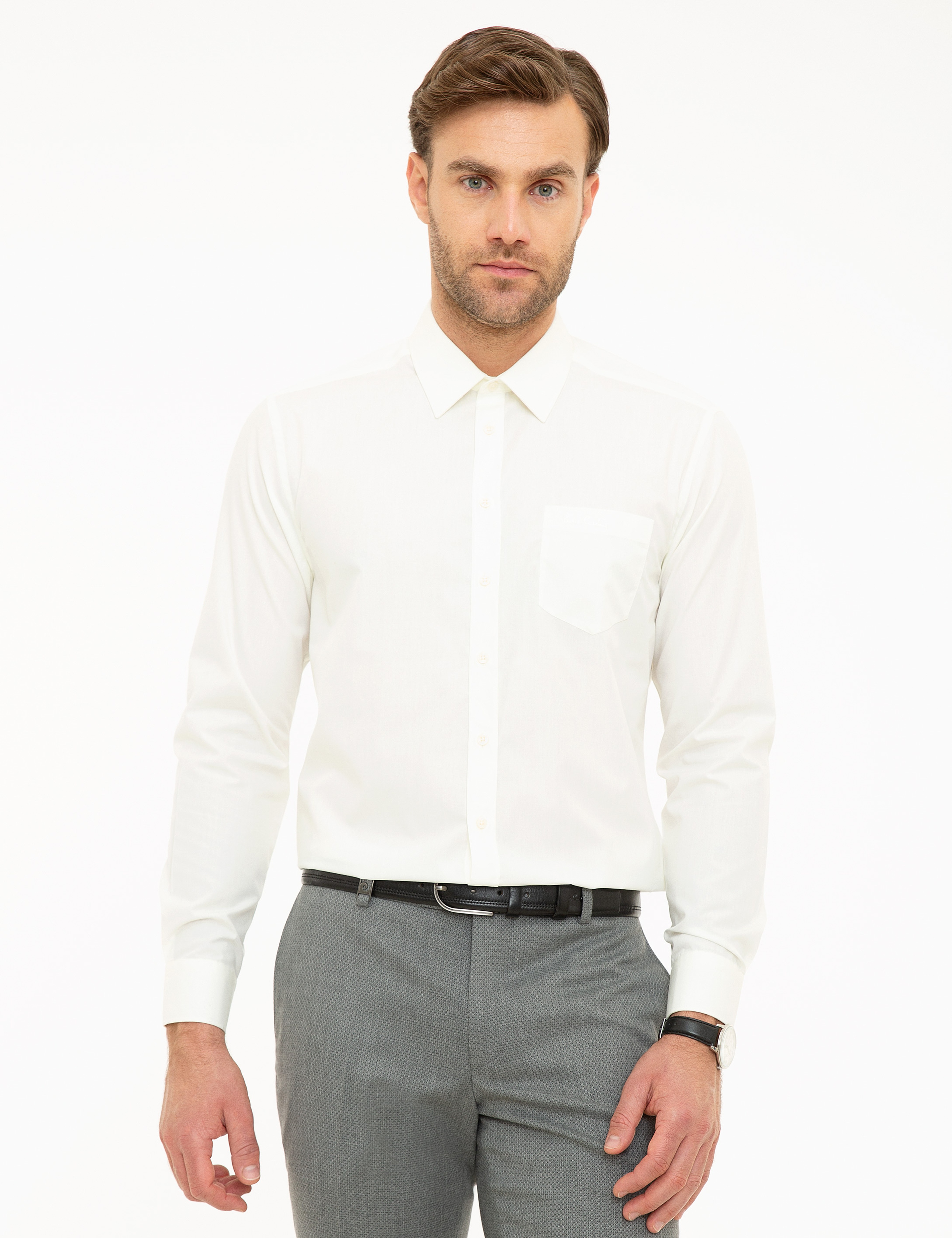 Ekru Regular Fit Uzun Kollu Basic Gömlek - Image 1