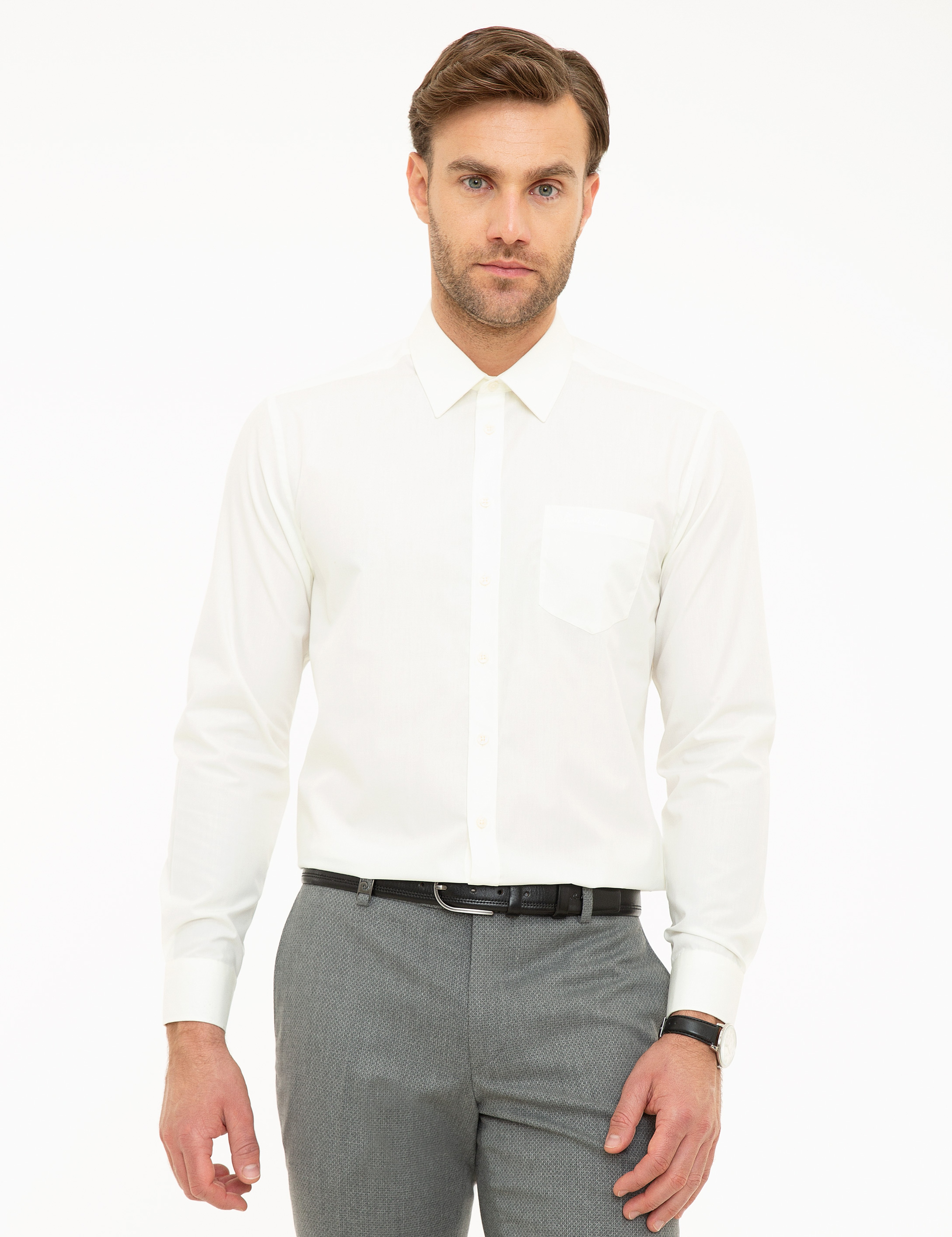 Ekru Regular Fit Uzun Kollu Basic Gömlek