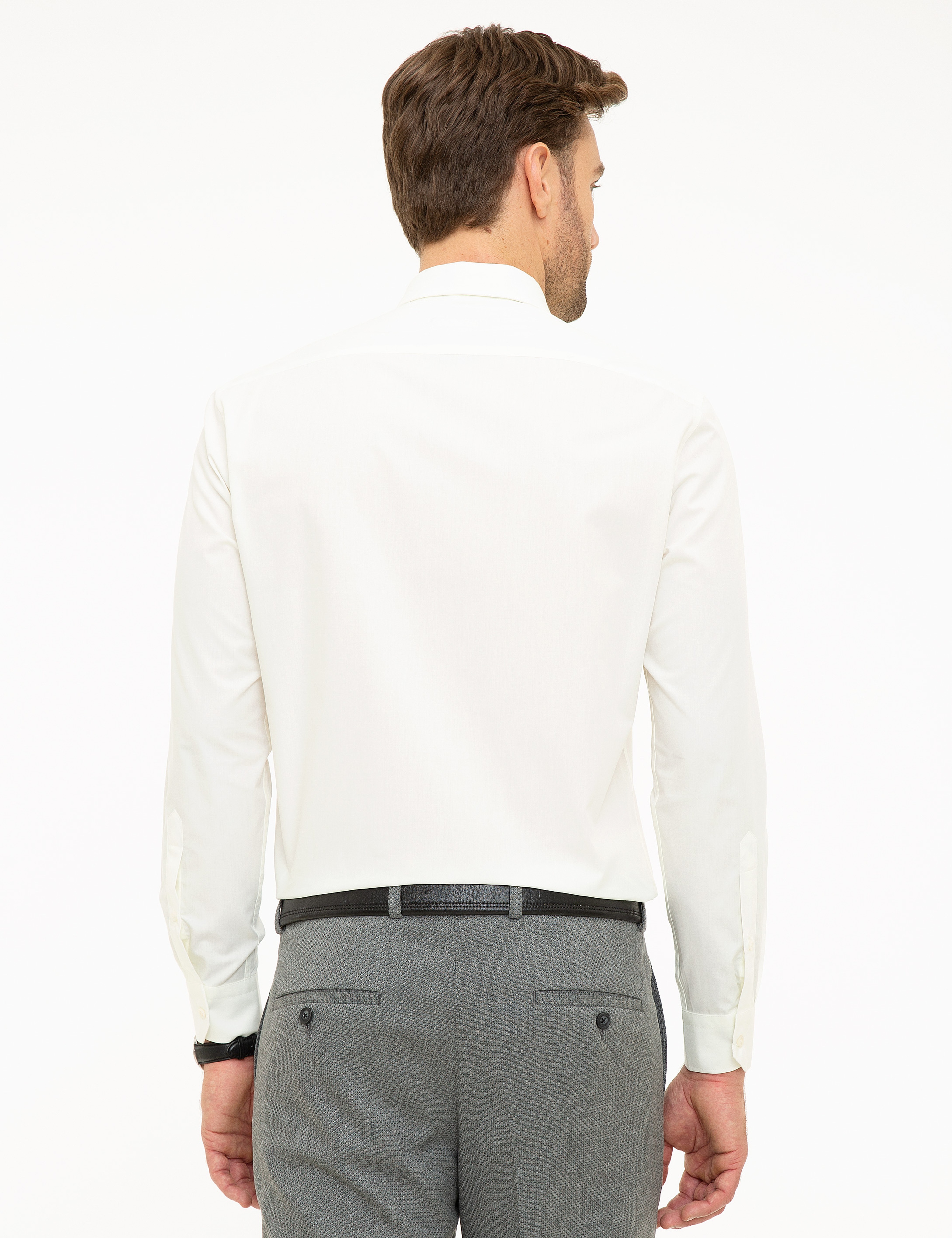 Ekru Regular Fit Uzun Kollu Basic Gömlek - Image 3