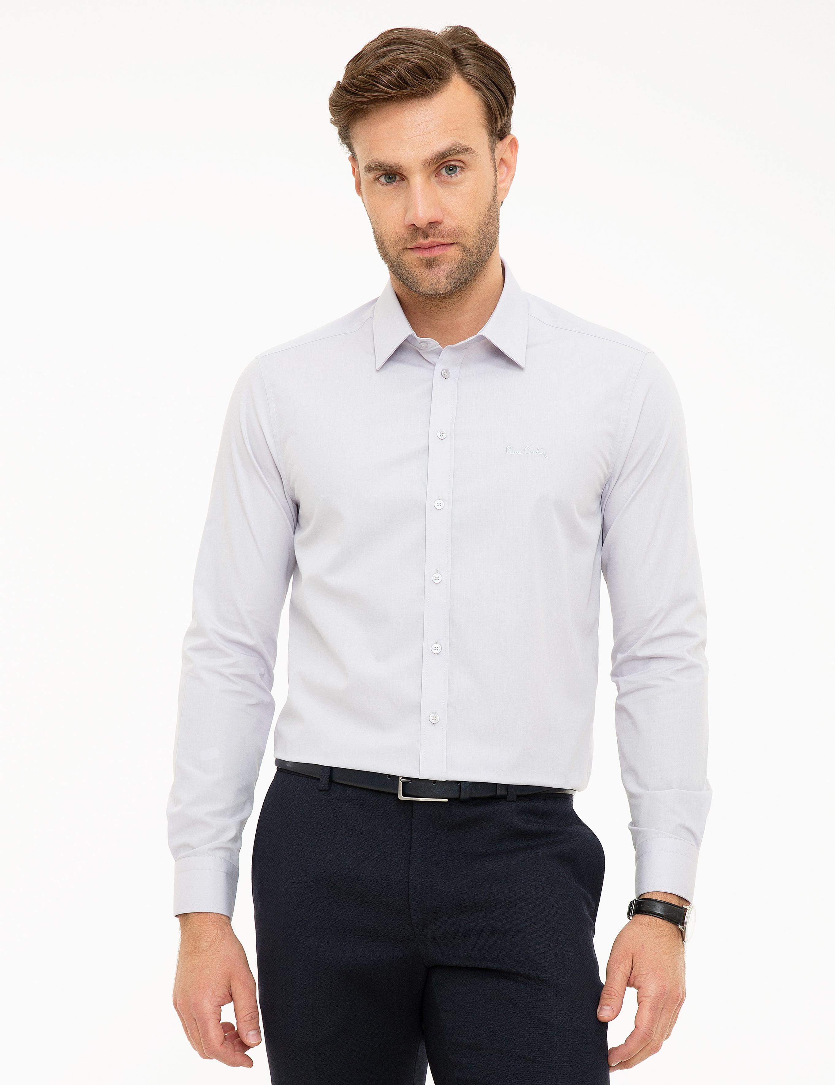 Açık Gri Slim Fit Uzun Kollu Basic Gömlek