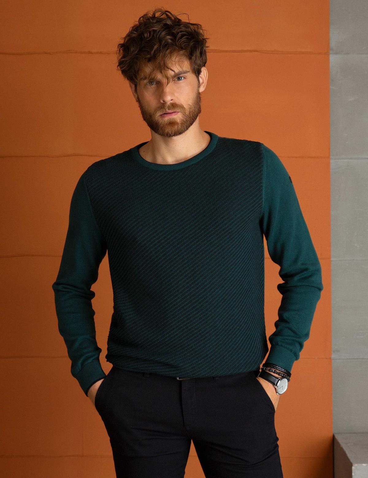 Yeşil Slim Fit Triko Kazak - 50194118056