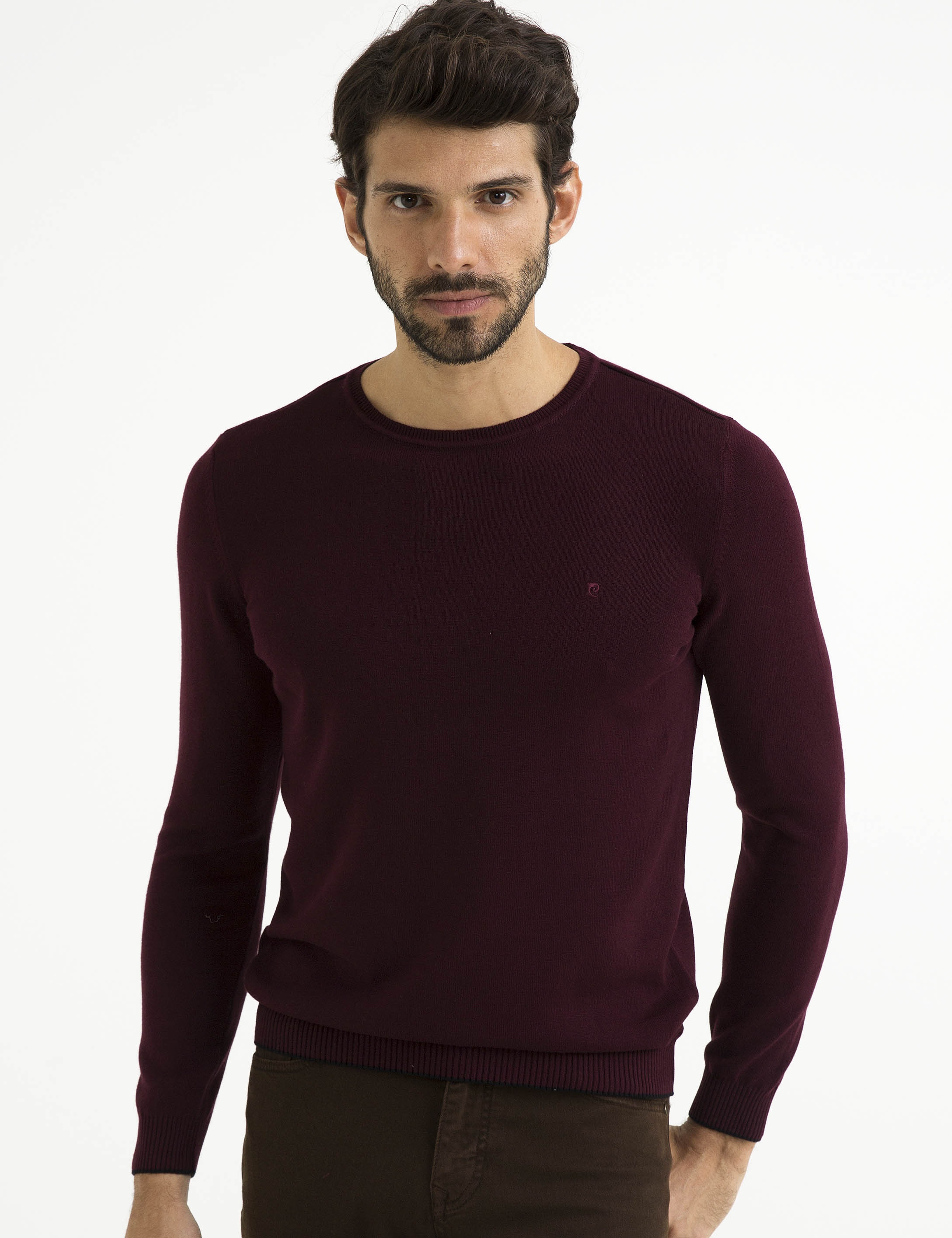 Bordo Slim Fit Bisiklet Yaka Basic Triko Kazak - Image 1