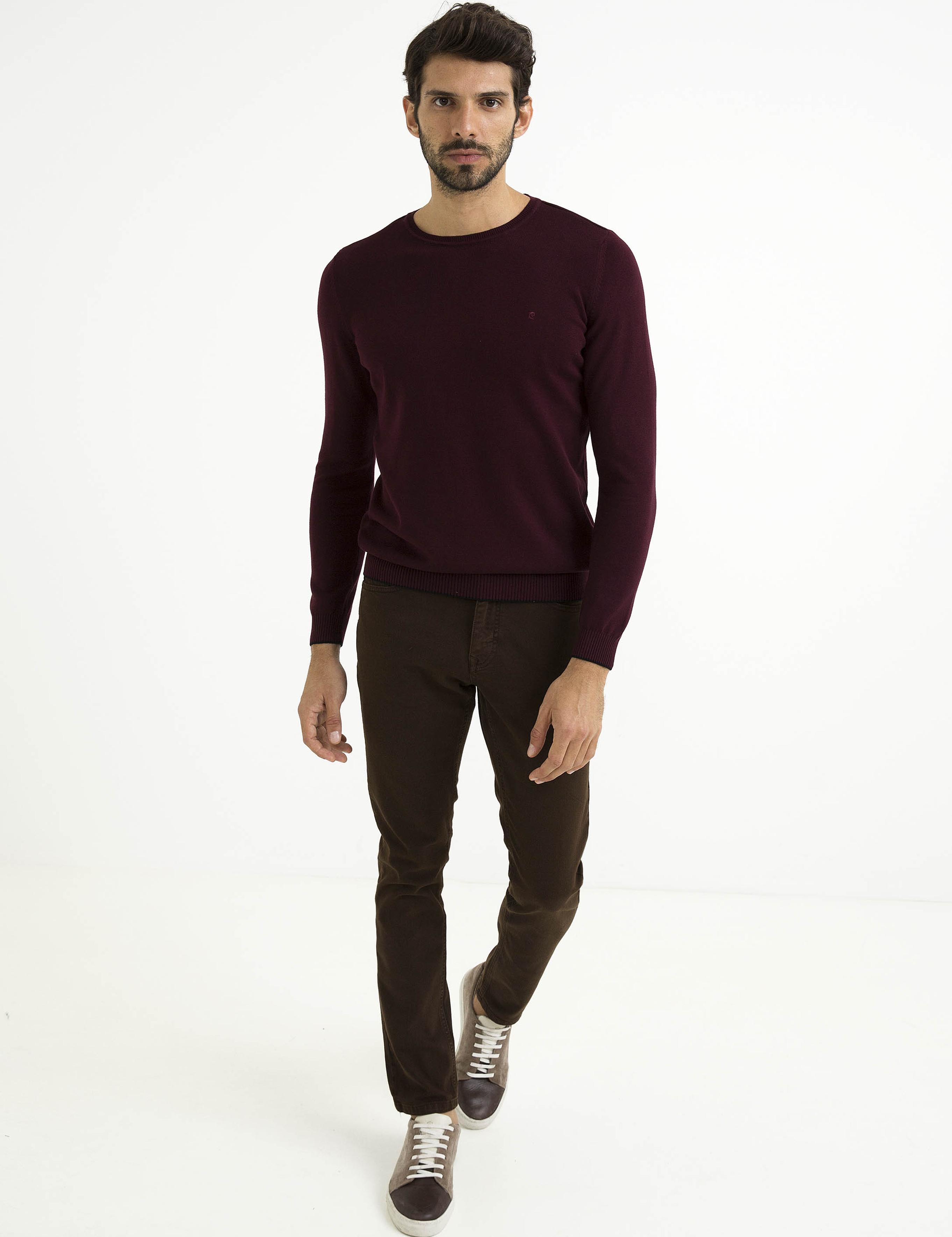 Bordo Slim Fit Bisiklet Yaka Basic Triko Kazak