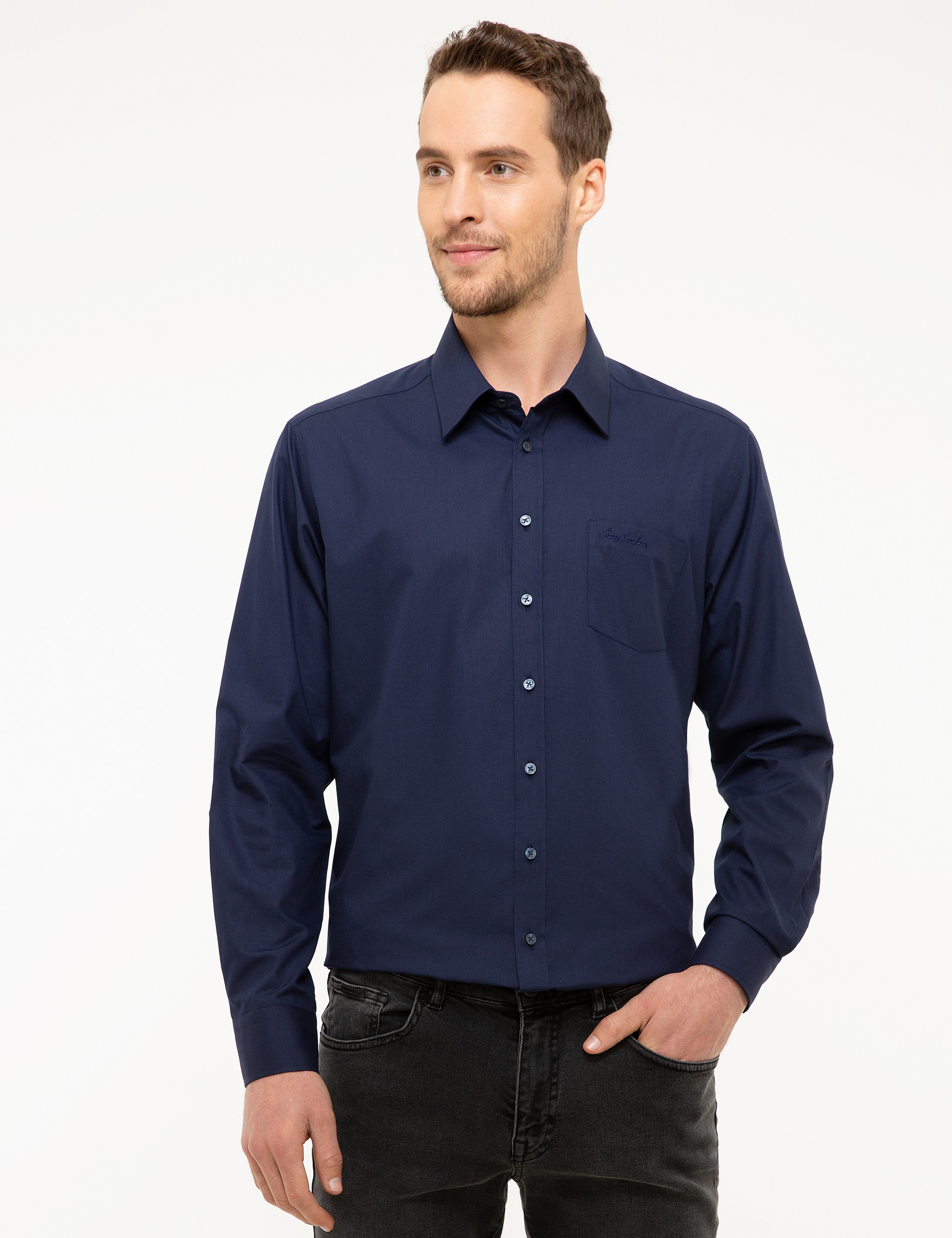 Lacivert Regular Fit Uzun Kollu Basic Gömlek - Image 2