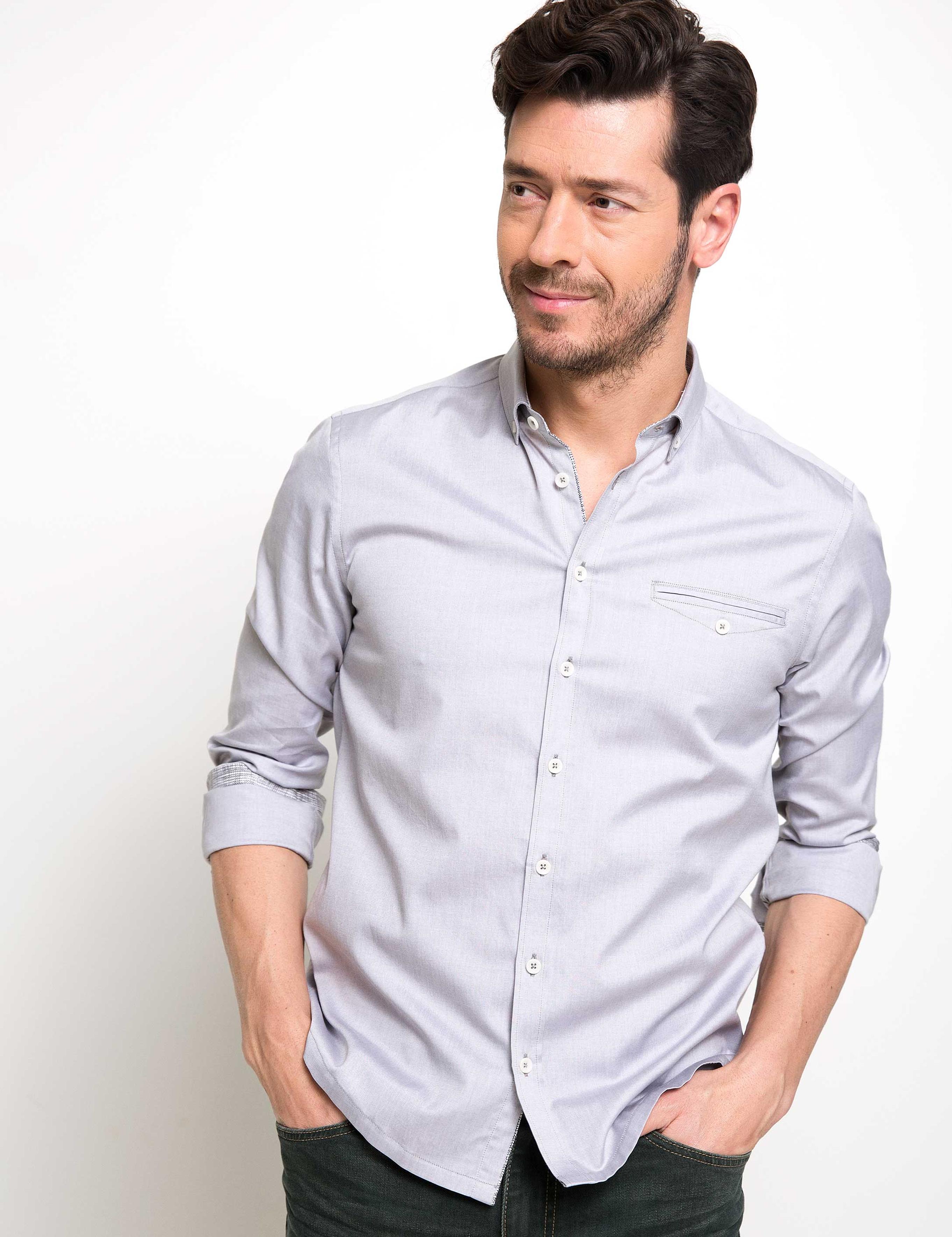 Gri Slim Fit Uzun Kollu Gömlek