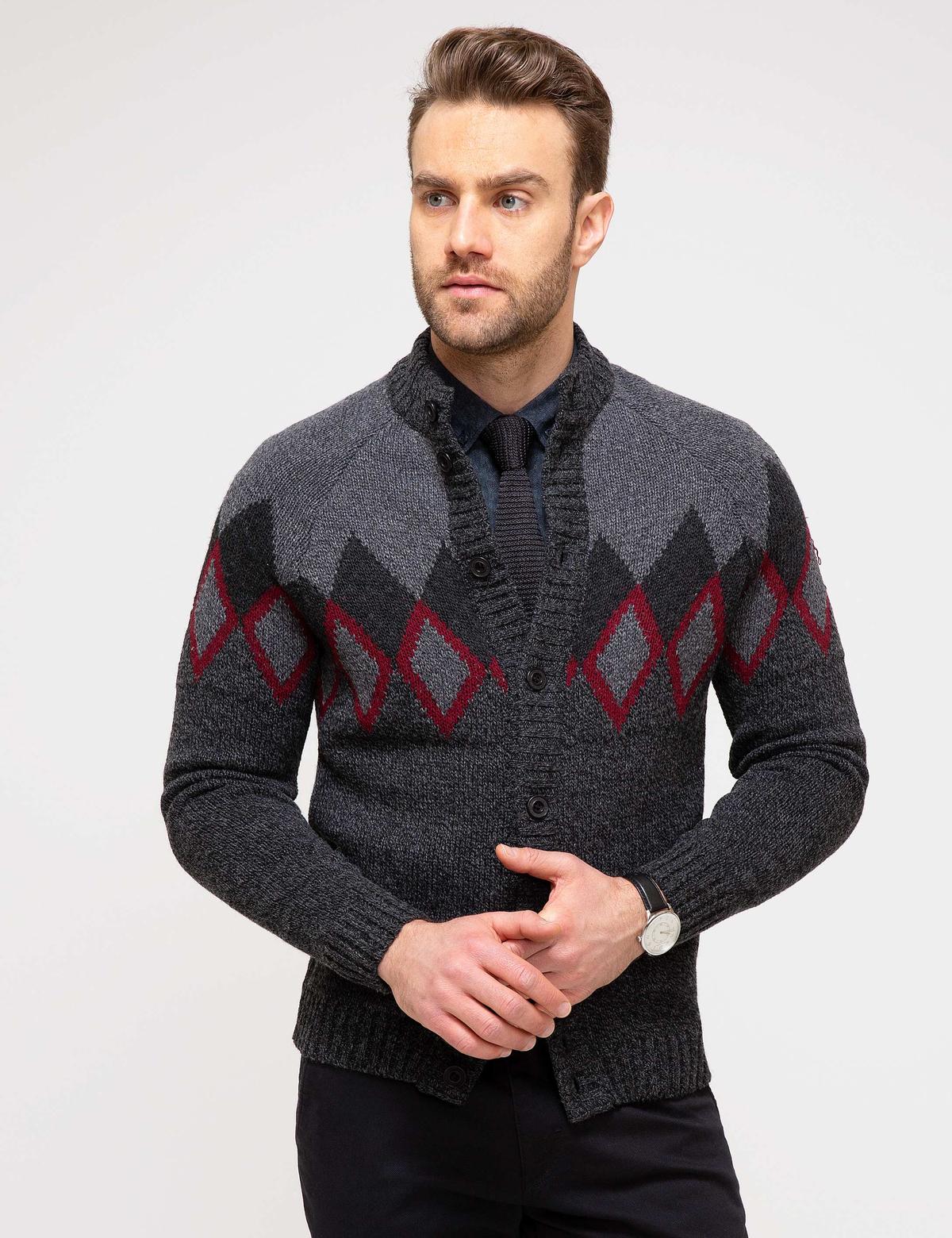 Antrasit Melanj Slim Fit Triko Hırka