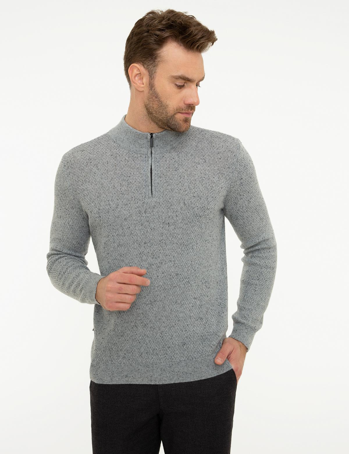 Gri Slim Fit Fermuarlı Triko Kazak