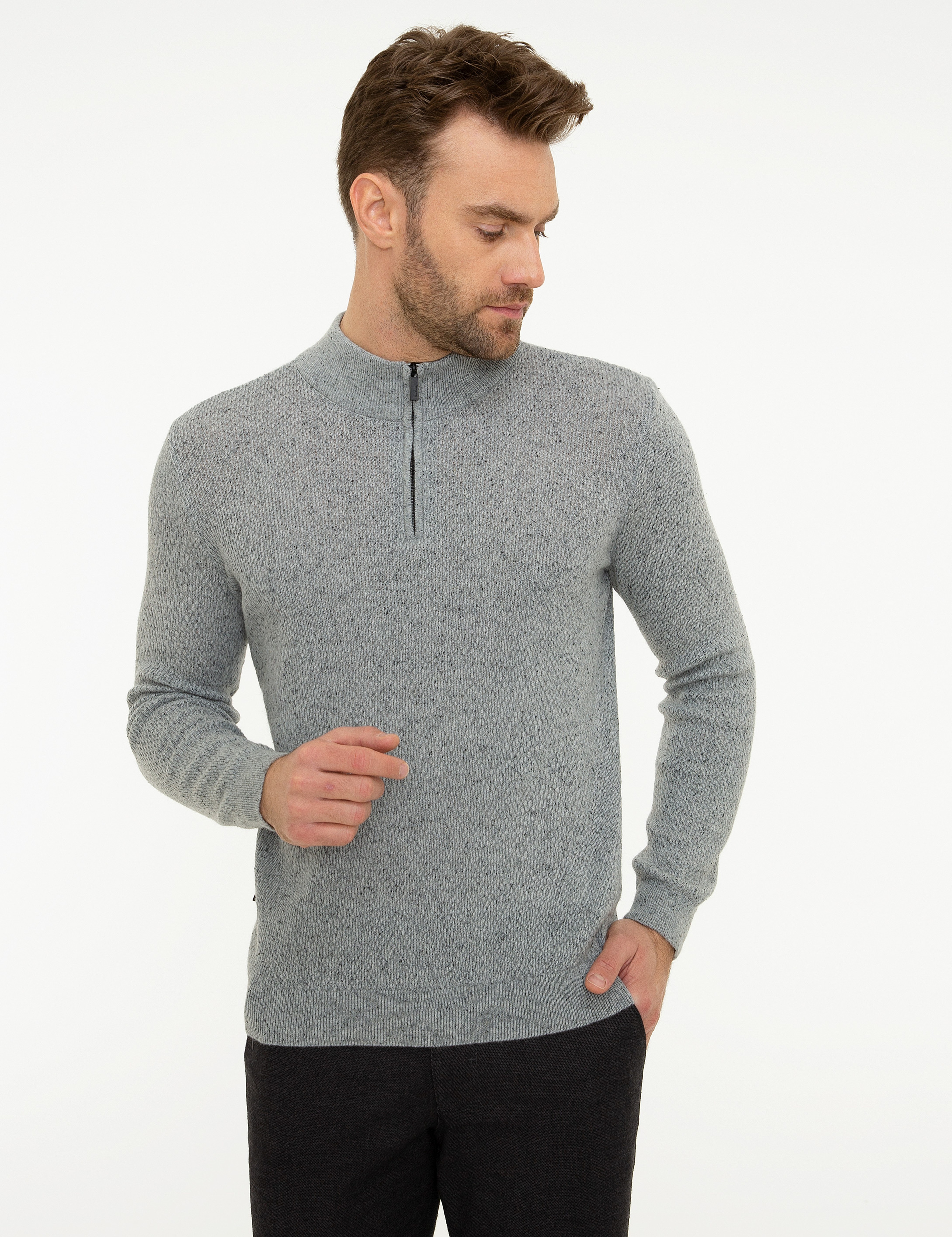 Gri Slim Fit Fermuarlı Triko Kazak - Image 1