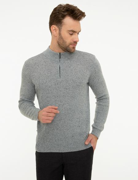 Gri Slim Fit Fermuarlı Triko Kazak - 50208903006