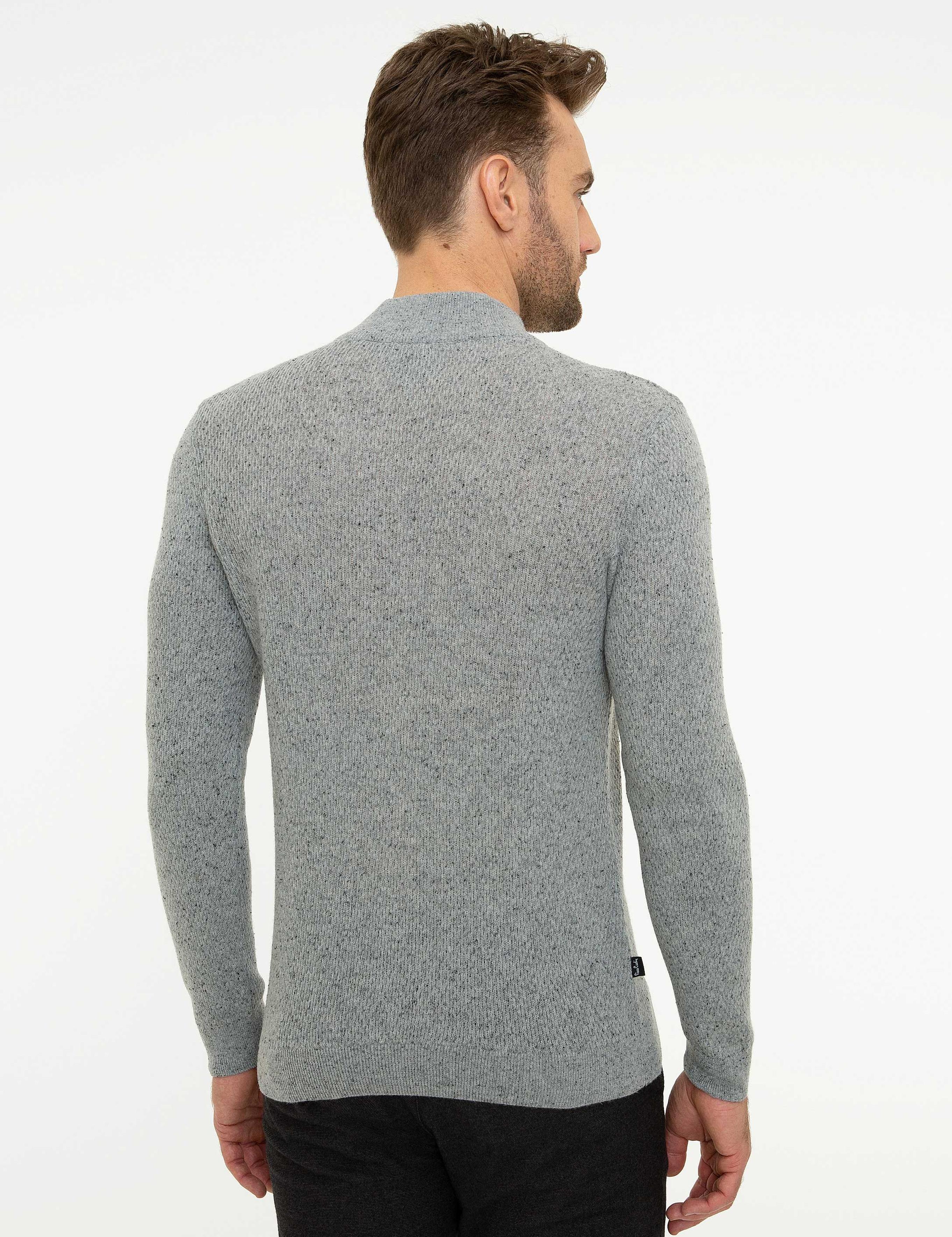 Gri Slim Fit Fermuarlı Triko Kazak