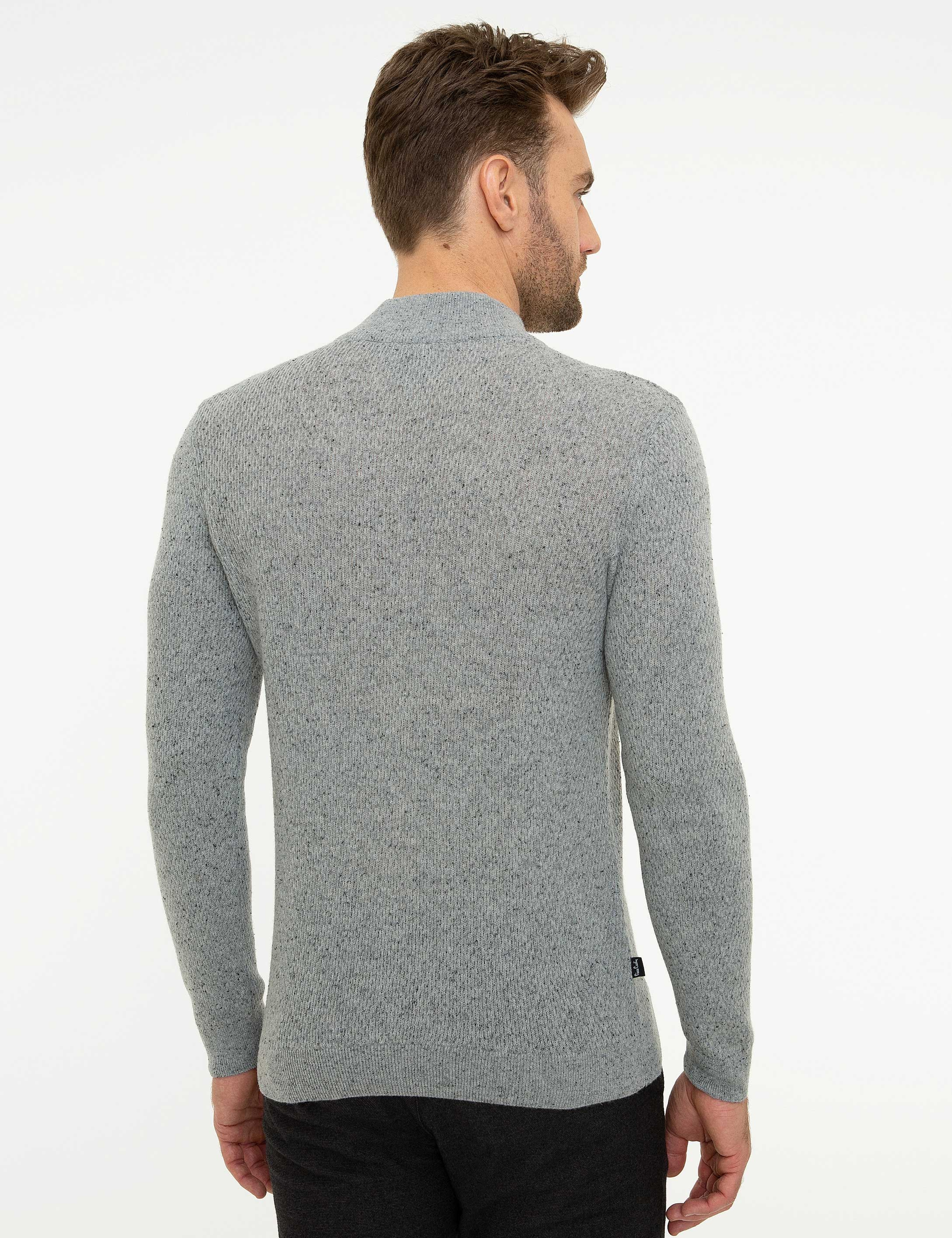 Gri Slim Fit Fermuarlı Triko Kazak - Image 4