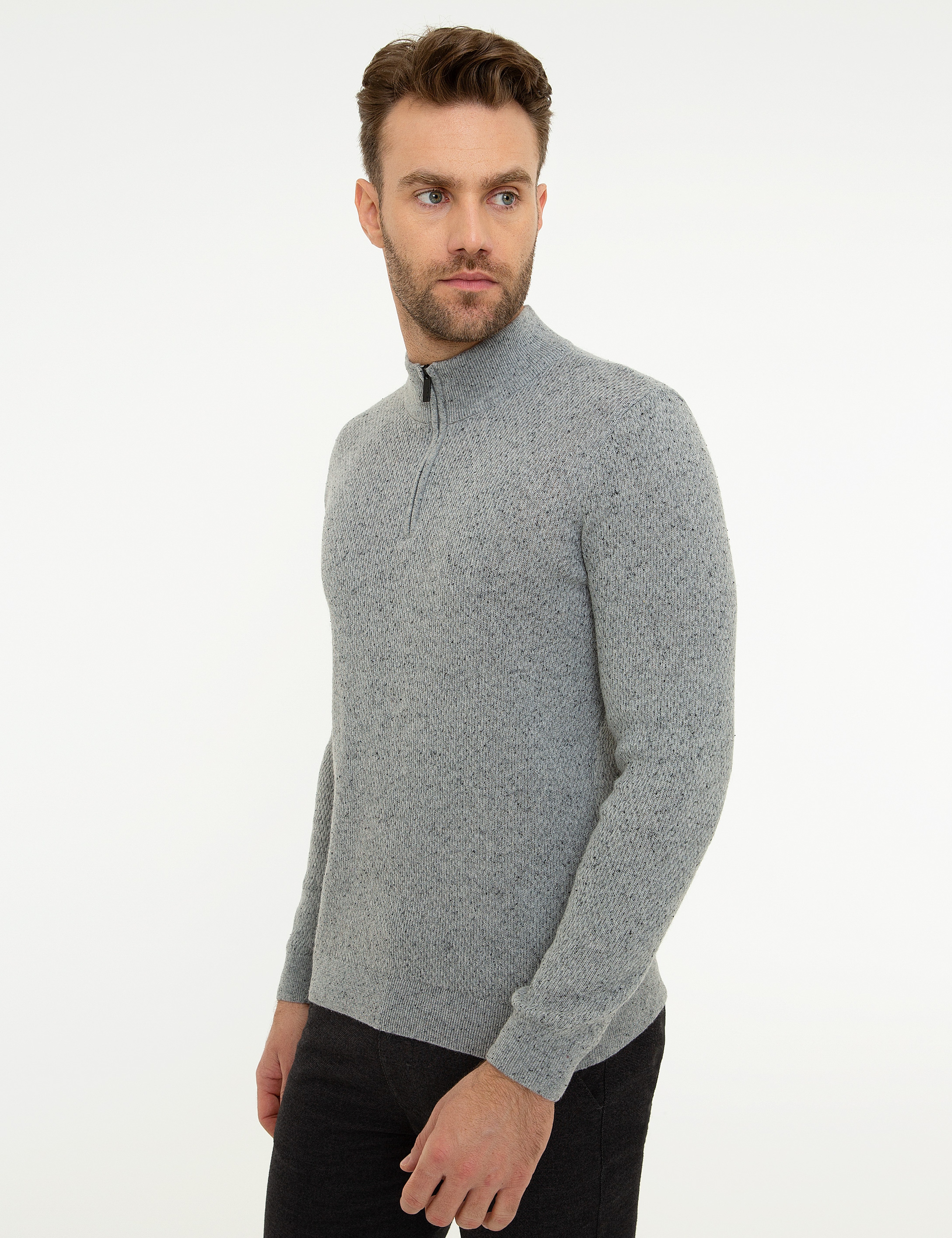 Gri Slim Fit Fermuarlı Triko Kazak