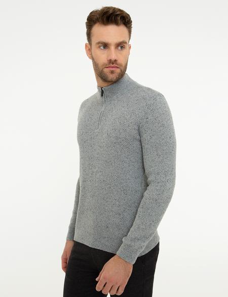 Gri Slim Fit Fermuarlı Triko Kazak - 50208903006