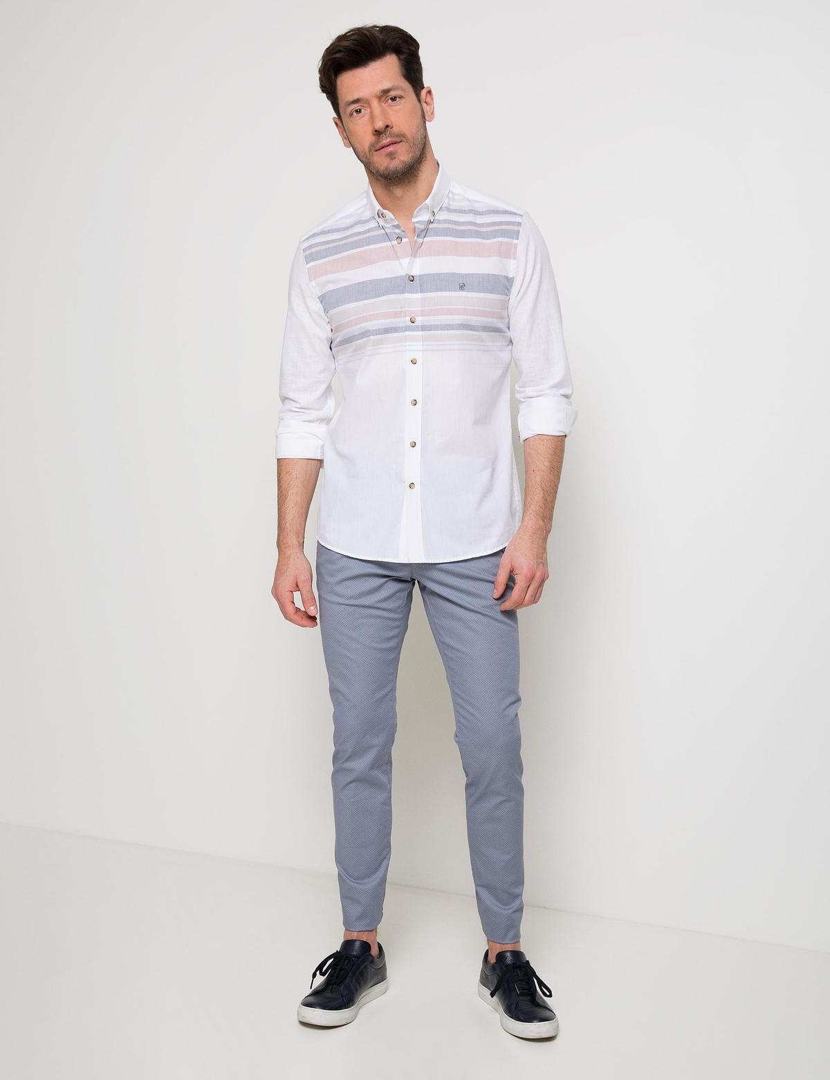 Turuncu Detaylı Beyaz Slim Fit Gömlek