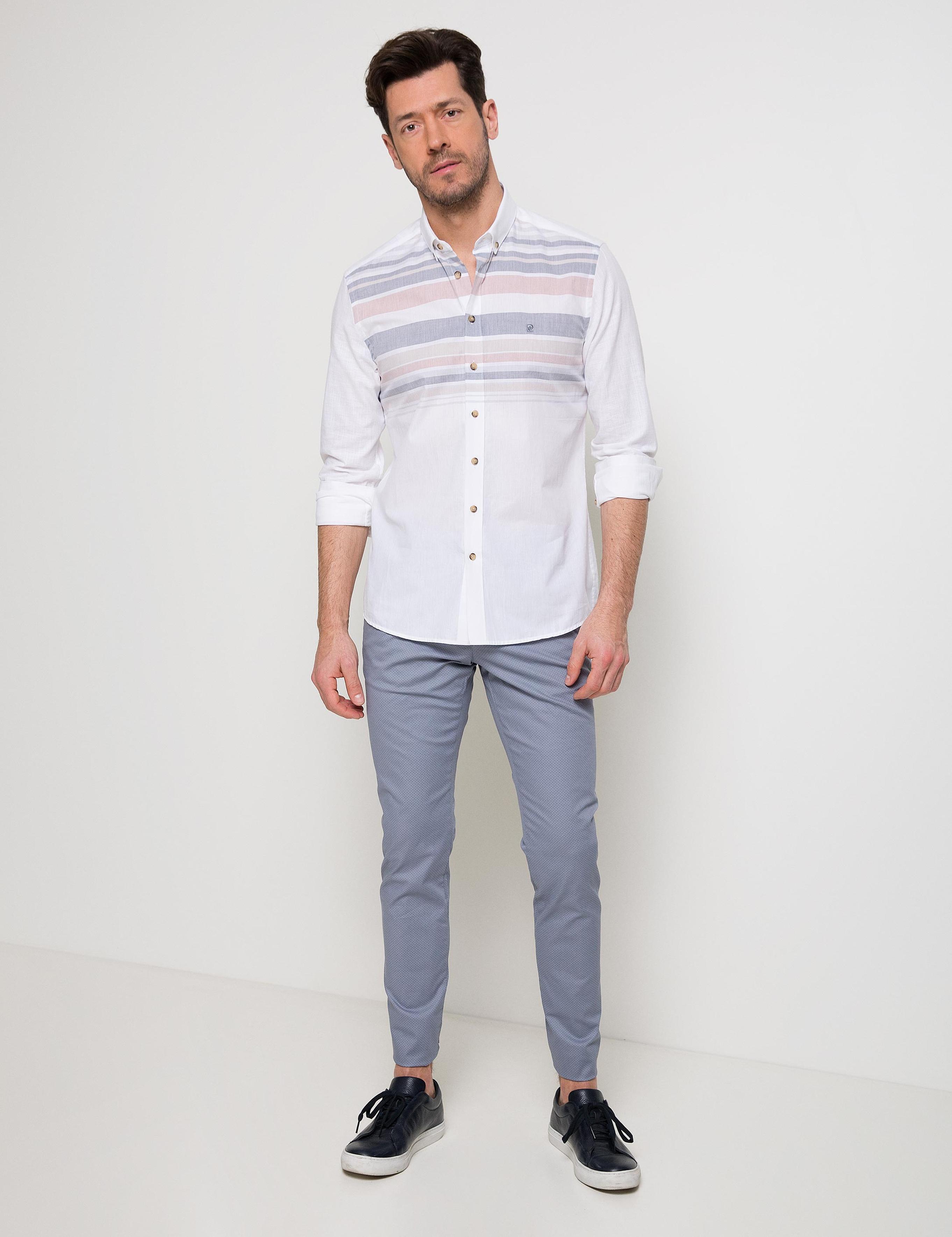 Turuncu Detaylı Beyaz Slim Fit Gömlek