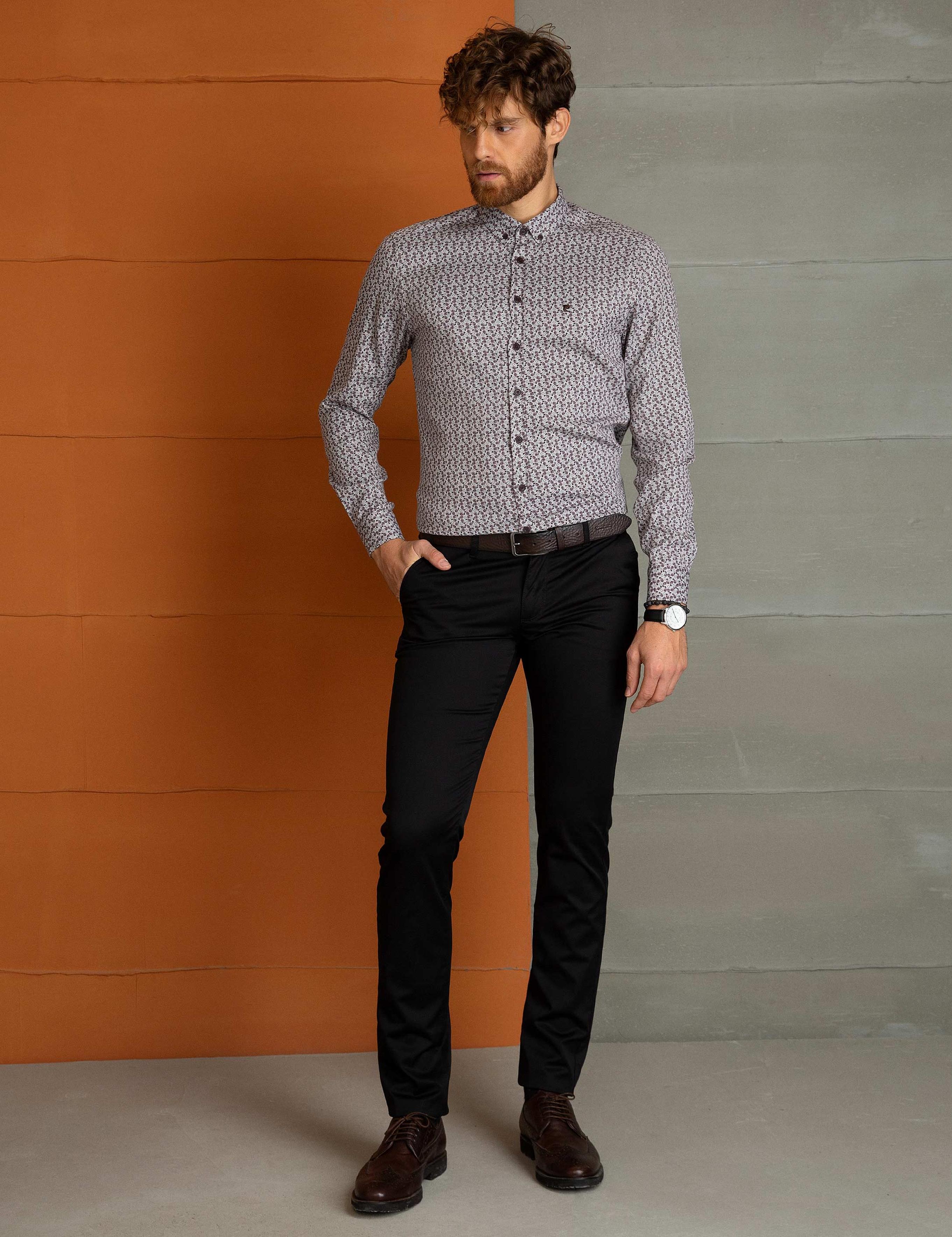Bordo Slim Fit Uzun Kollu Gömlek