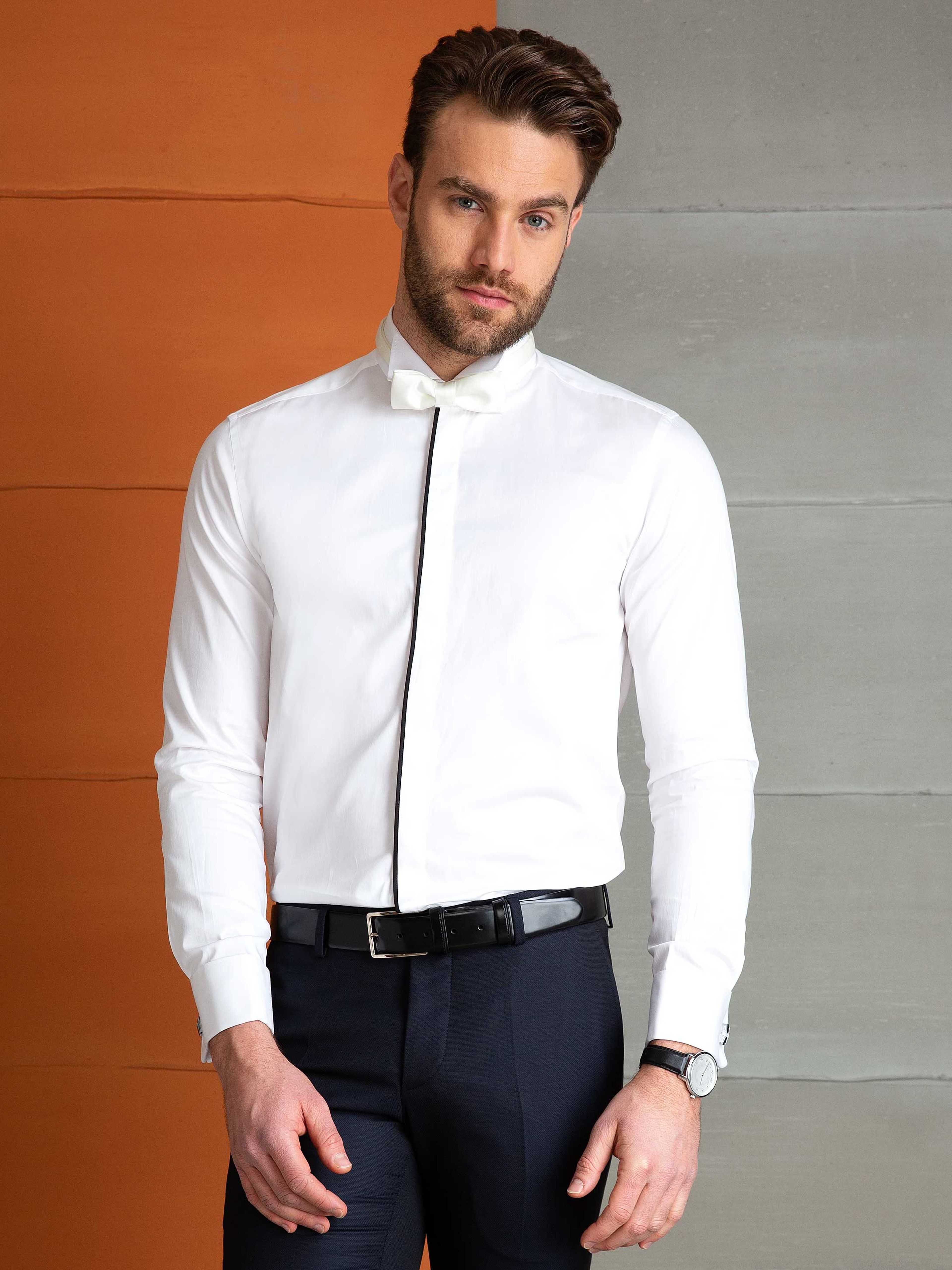 Beyaz Slim Fit Smokin Gömlek - Image 1