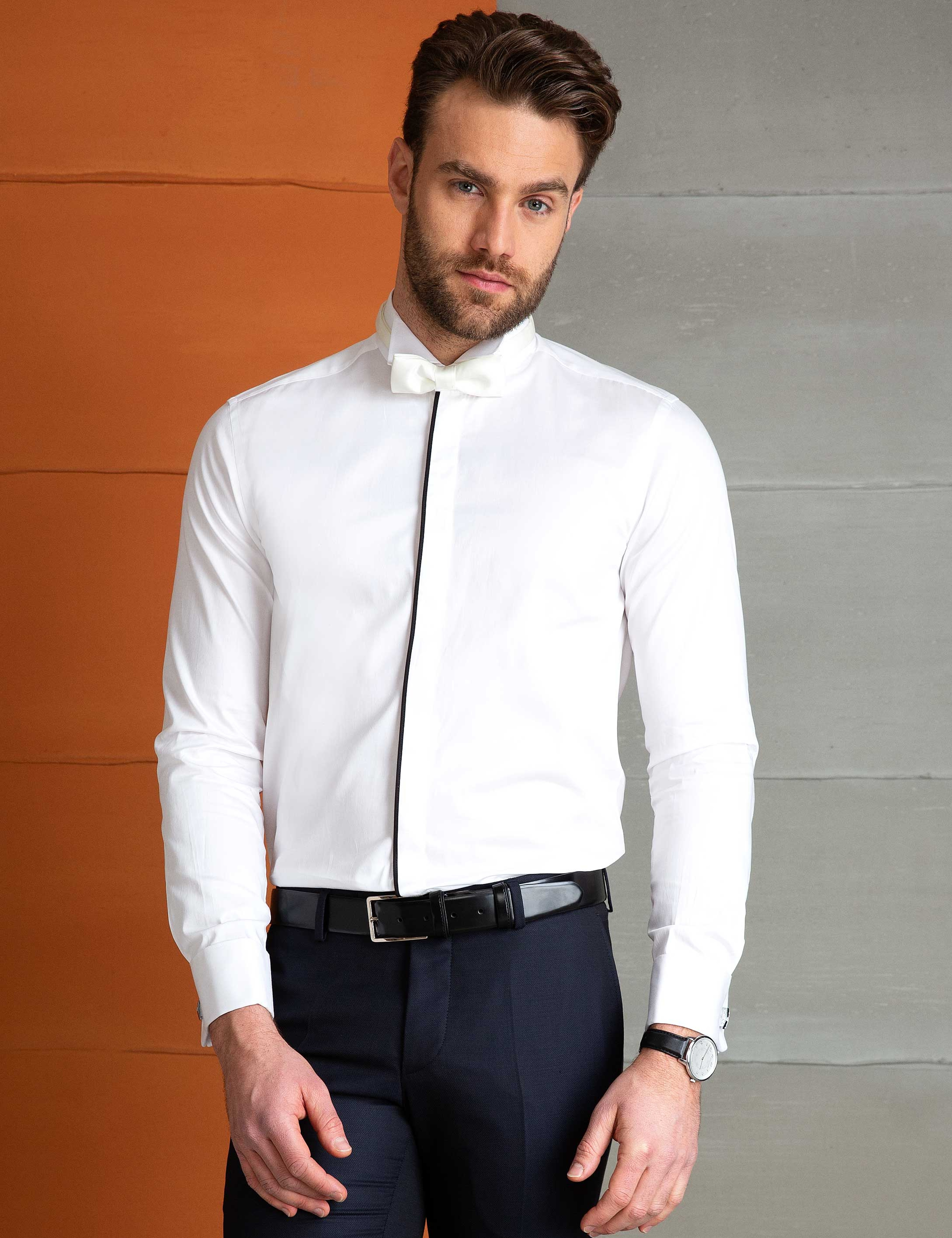 Beyaz Slim Fit Smokin Gömlek