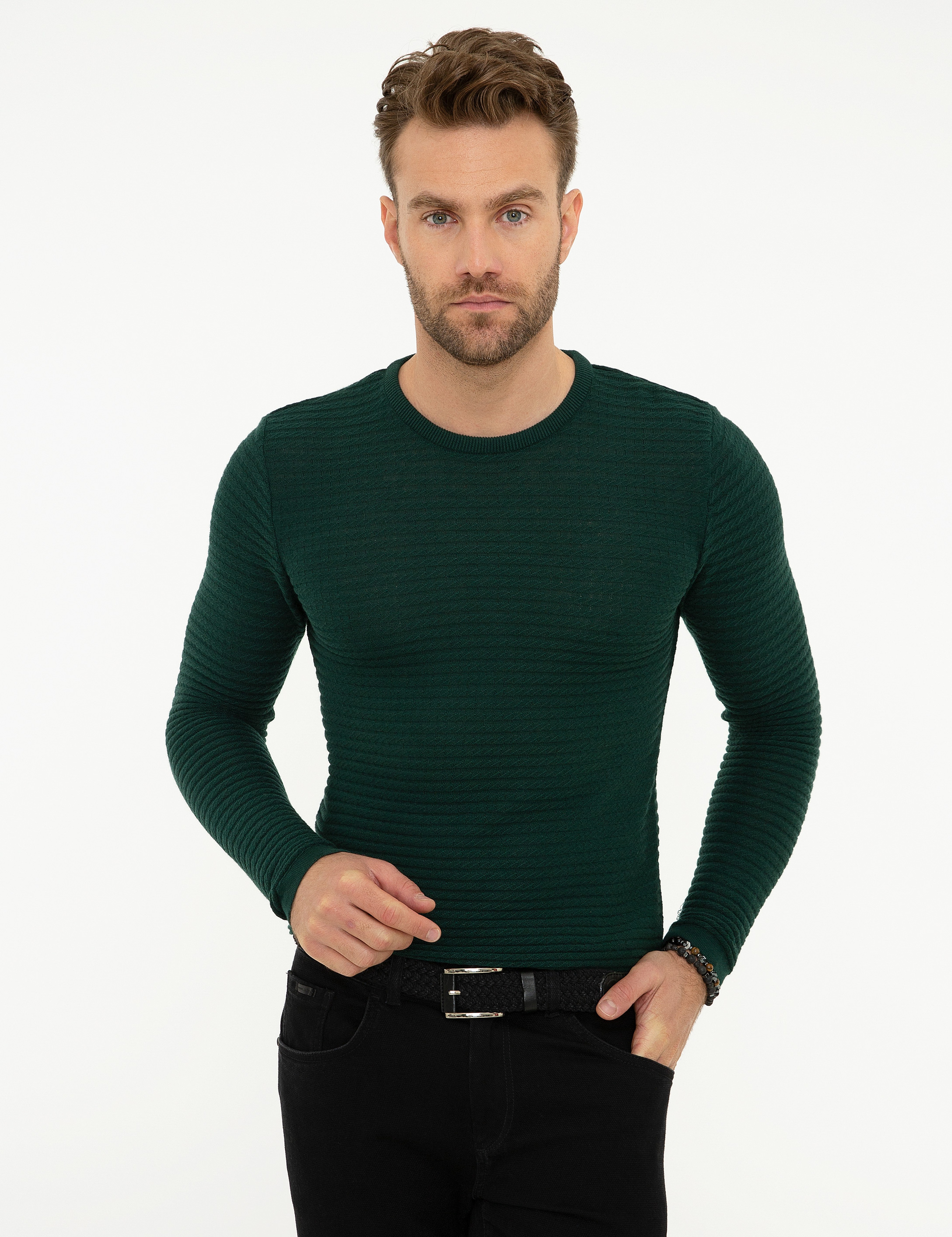 Koyu Yeşil Slim Fit Triko Kazak - Image 1