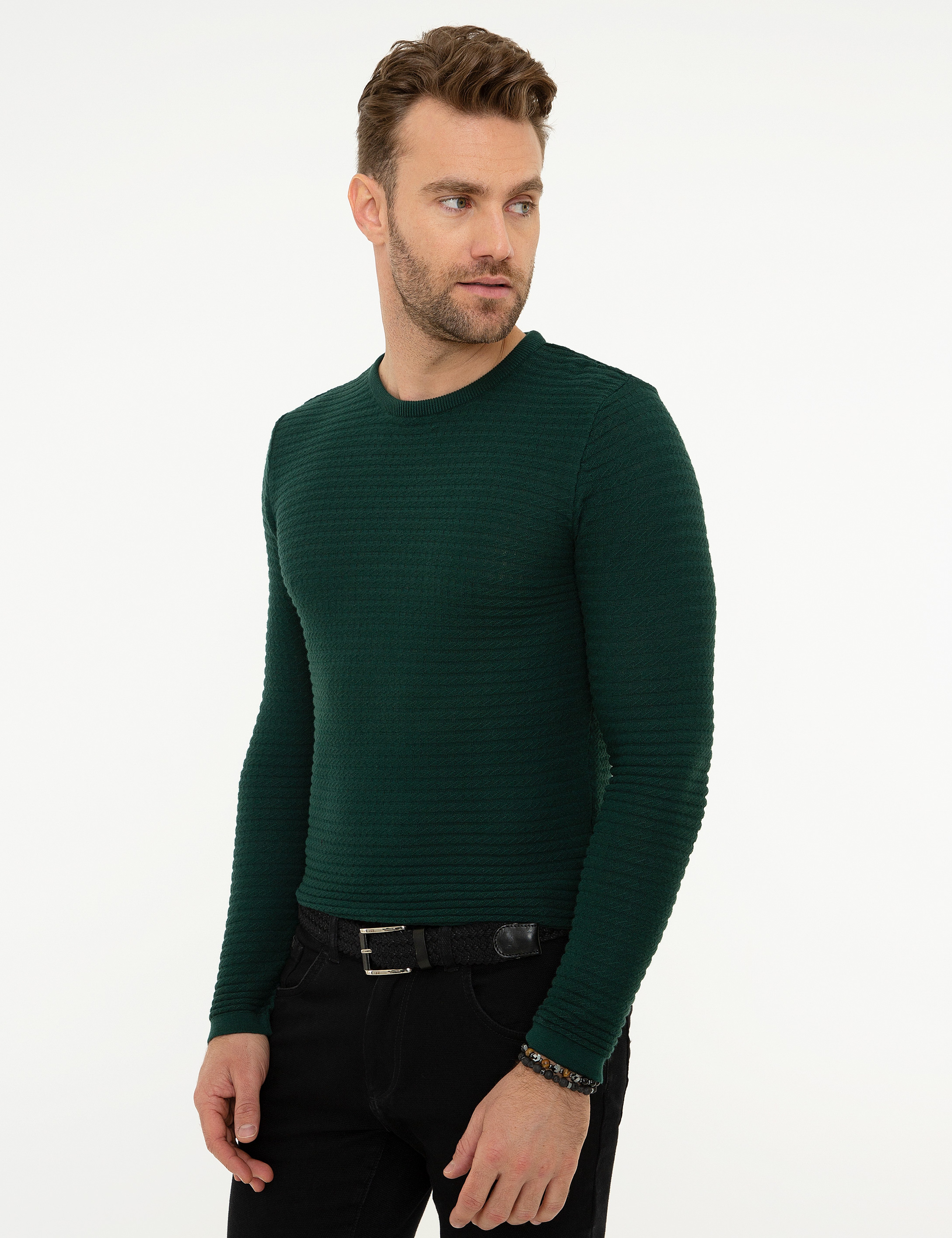 Koyu Yeşil Slim Fit Triko Kazak - Image 3